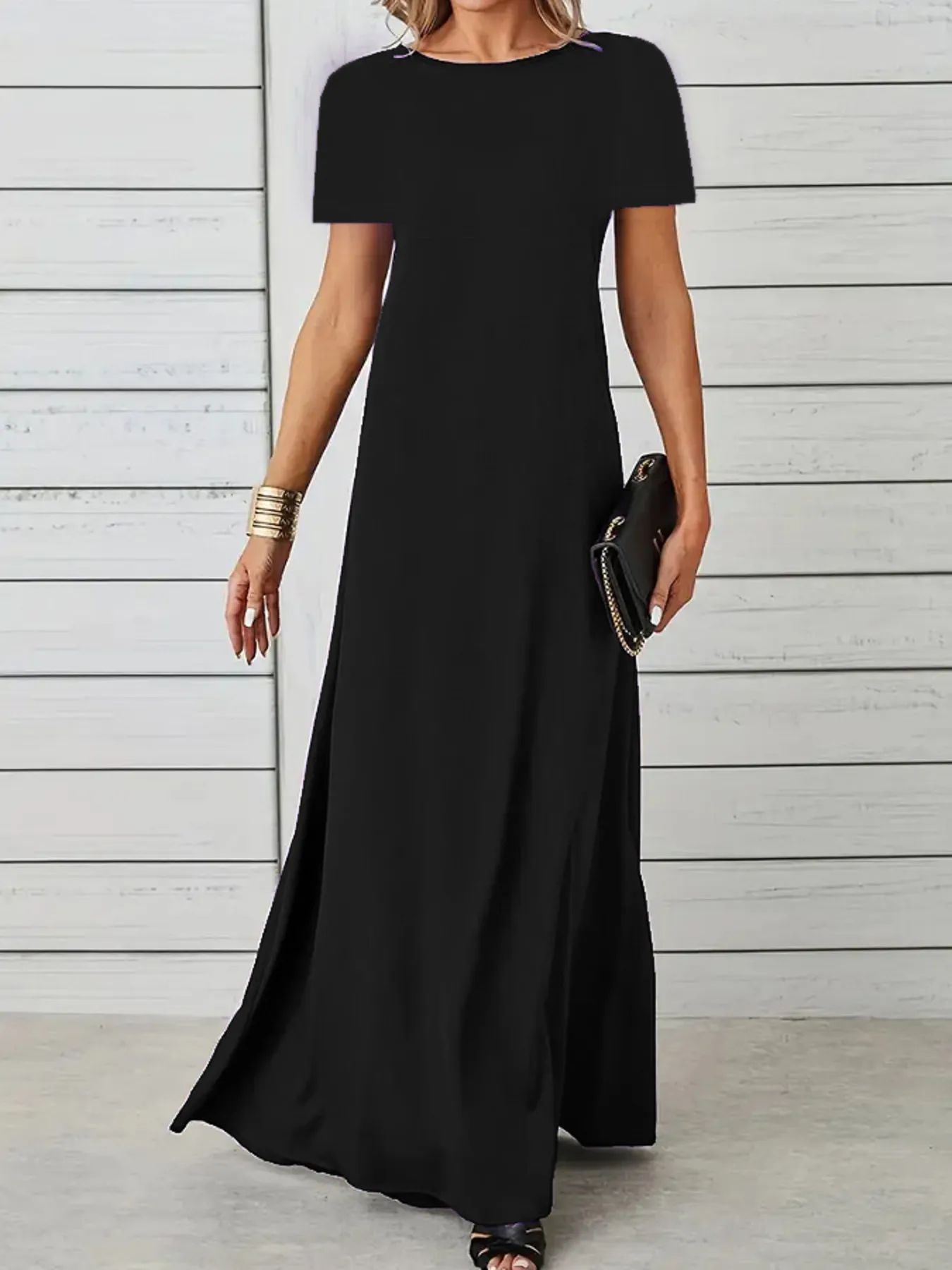 Full Size Round Neck Short Sleeve A-Line Maxi Dress Plus Size - Image 7