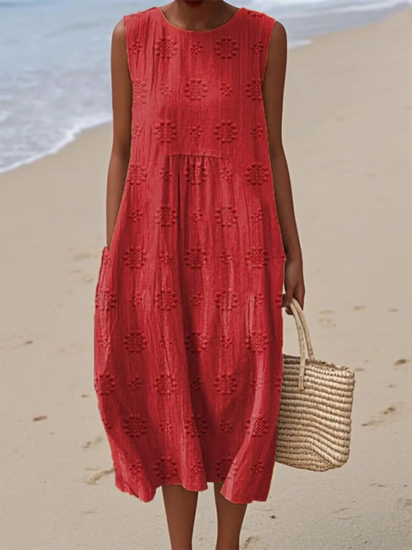 Full Size Round Neck Sleeveless Casual Midi Dress Plus Size - Image 28