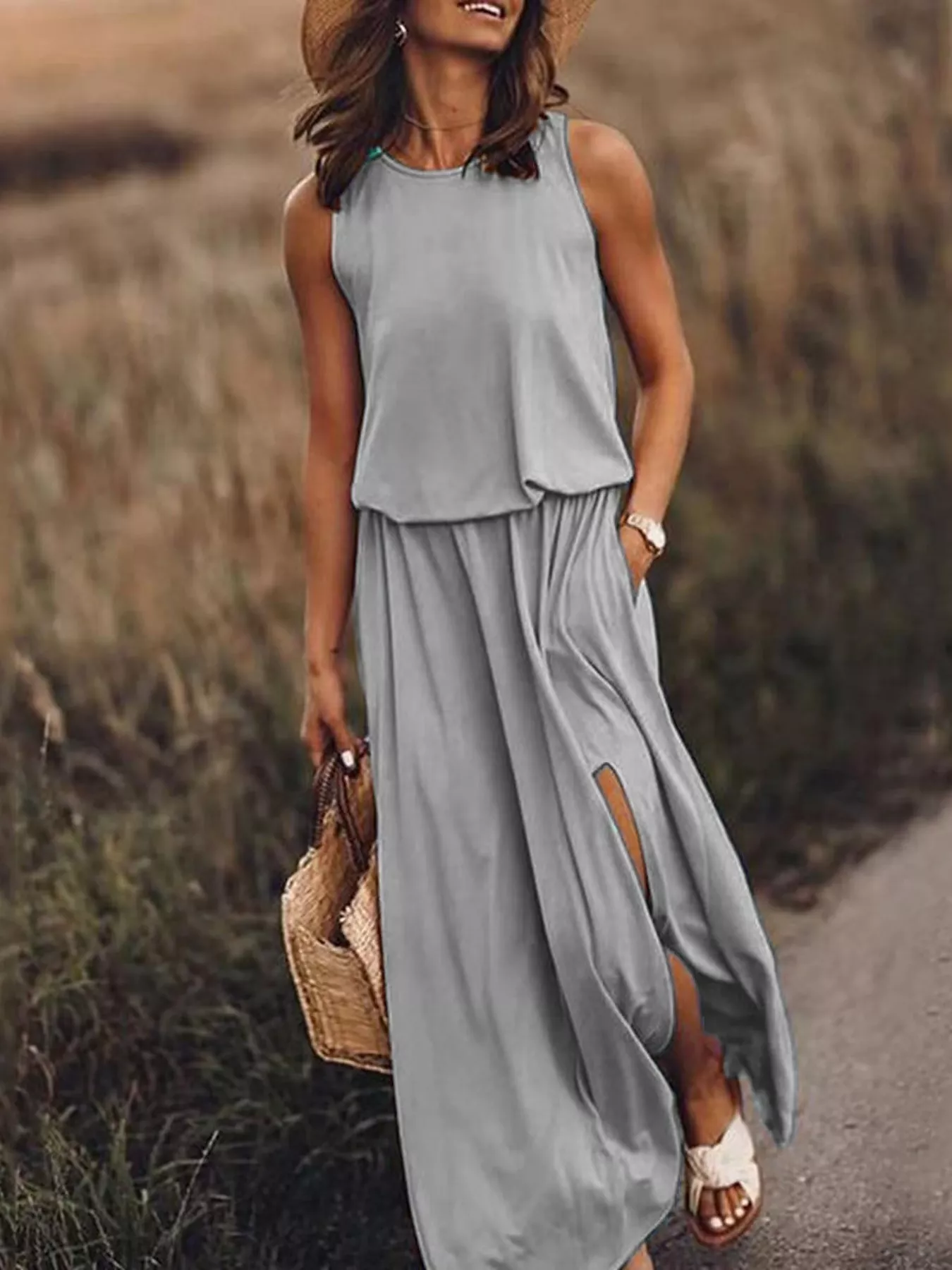 Full Size Round Neck Sleeveless Slit Maxi Dress Plus Size - Image 10