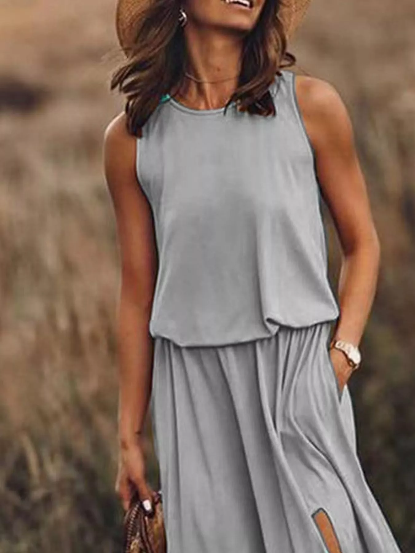 Full Size Round Neck Sleeveless Slit Maxi Dress Plus Size - Image 11