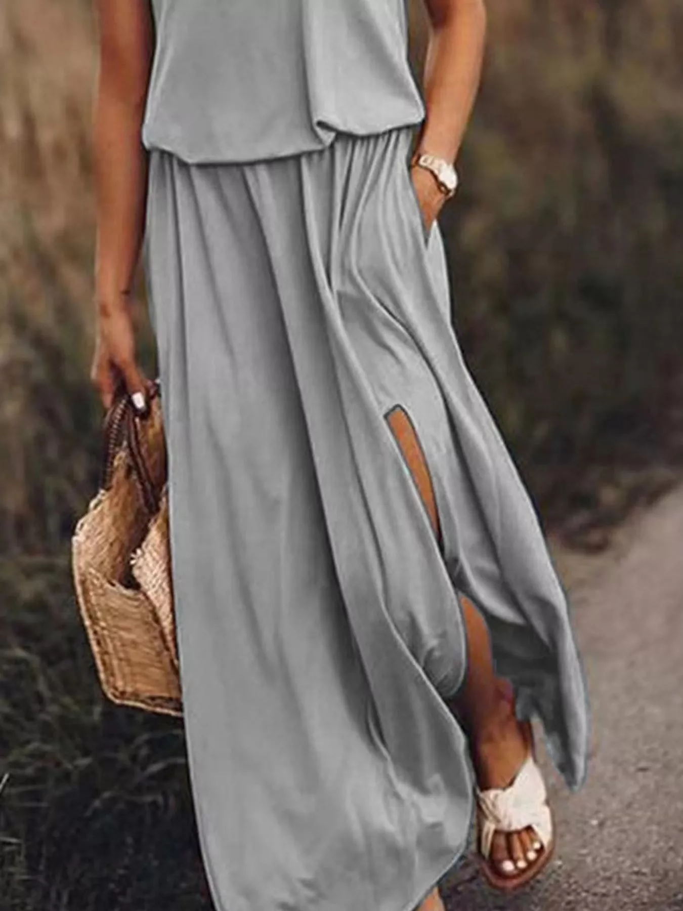 Full Size Round Neck Sleeveless Slit Maxi Dress Plus Size - Image 12