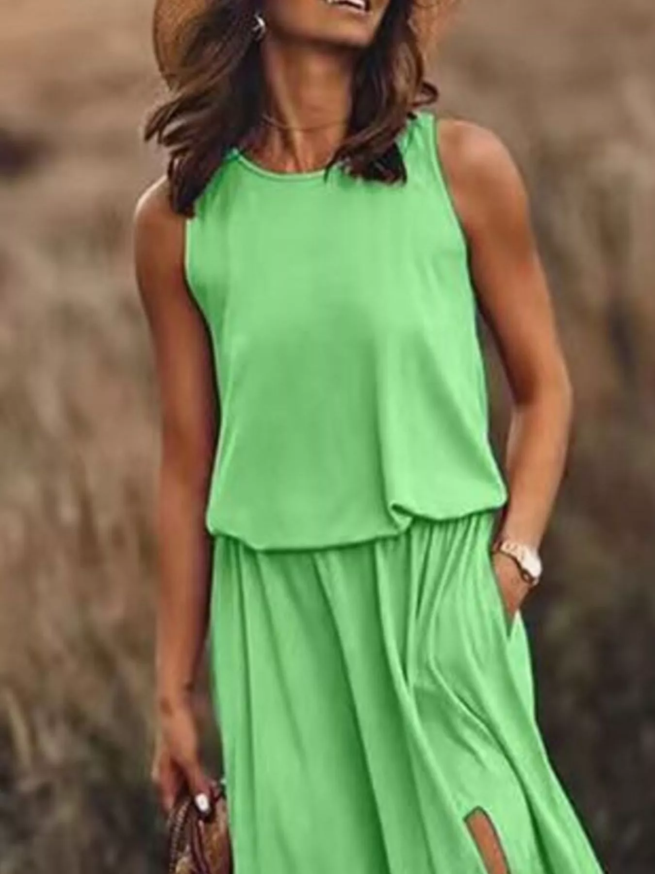Full Size Round Neck Sleeveless Slit Maxi Dress Plus Size - Image 14