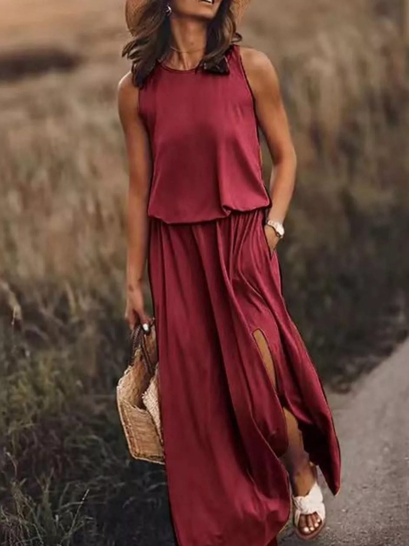 Full Size Round Neck Sleeveless Slit Maxi Dress Plus Size - Image 16