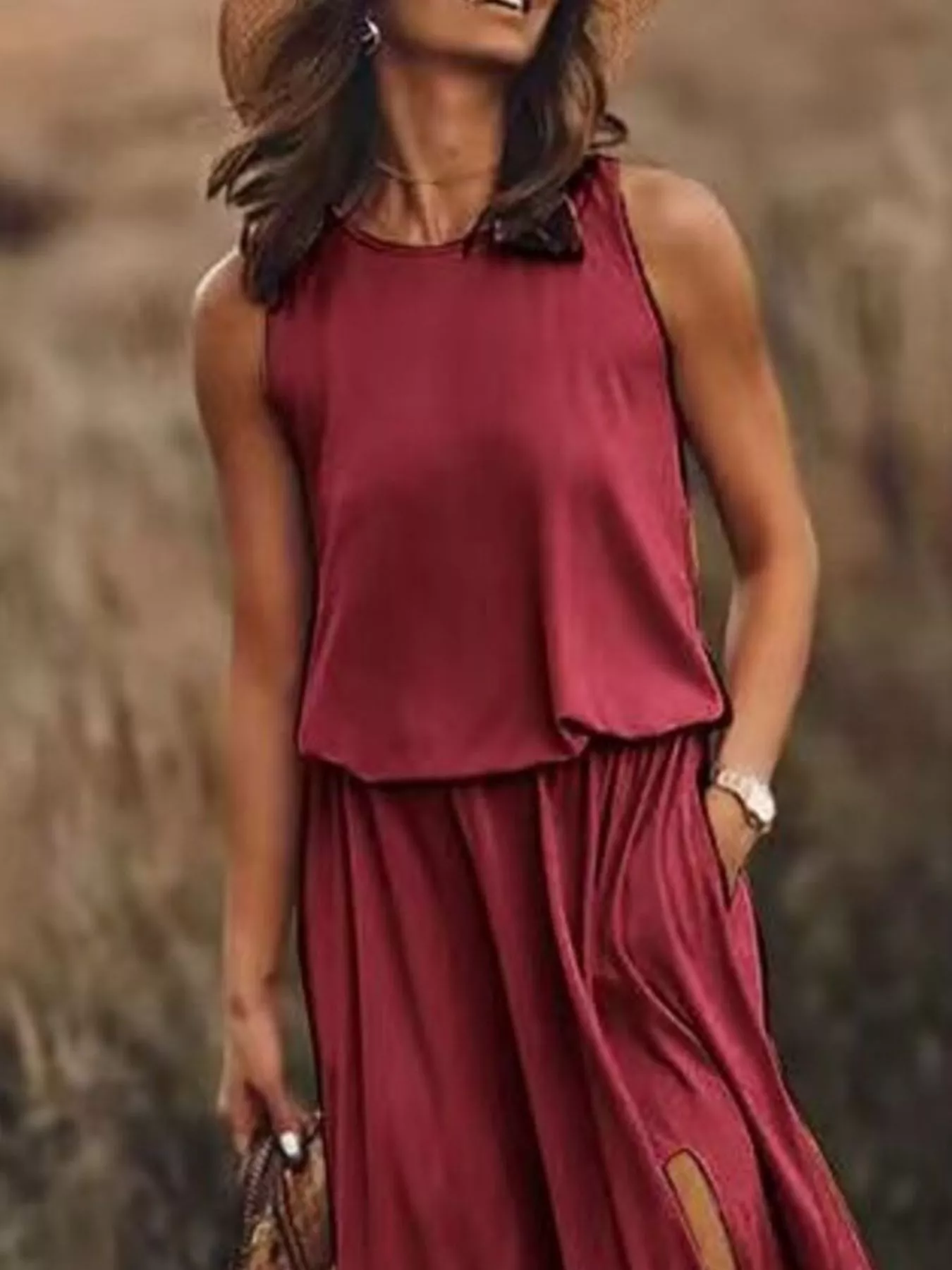 Full Size Round Neck Sleeveless Slit Maxi Dress Plus Size - Image 17