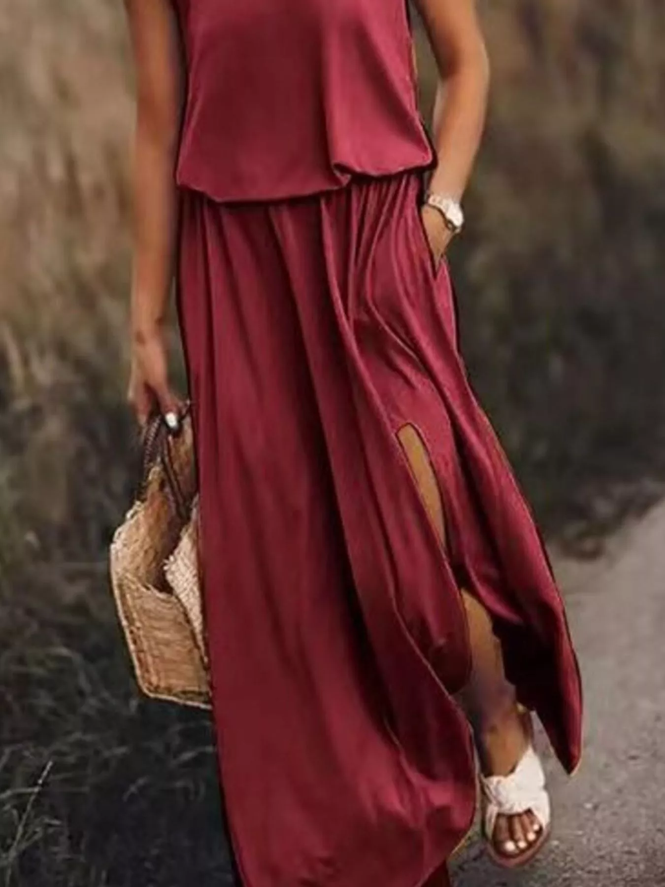 Full Size Round Neck Sleeveless Slit Maxi Dress Plus Size - Image 18
