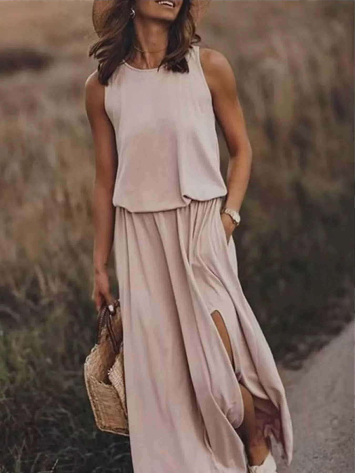 Full Size Round Neck Sleeveless Slit Maxi Dress Plus Size - Image 19