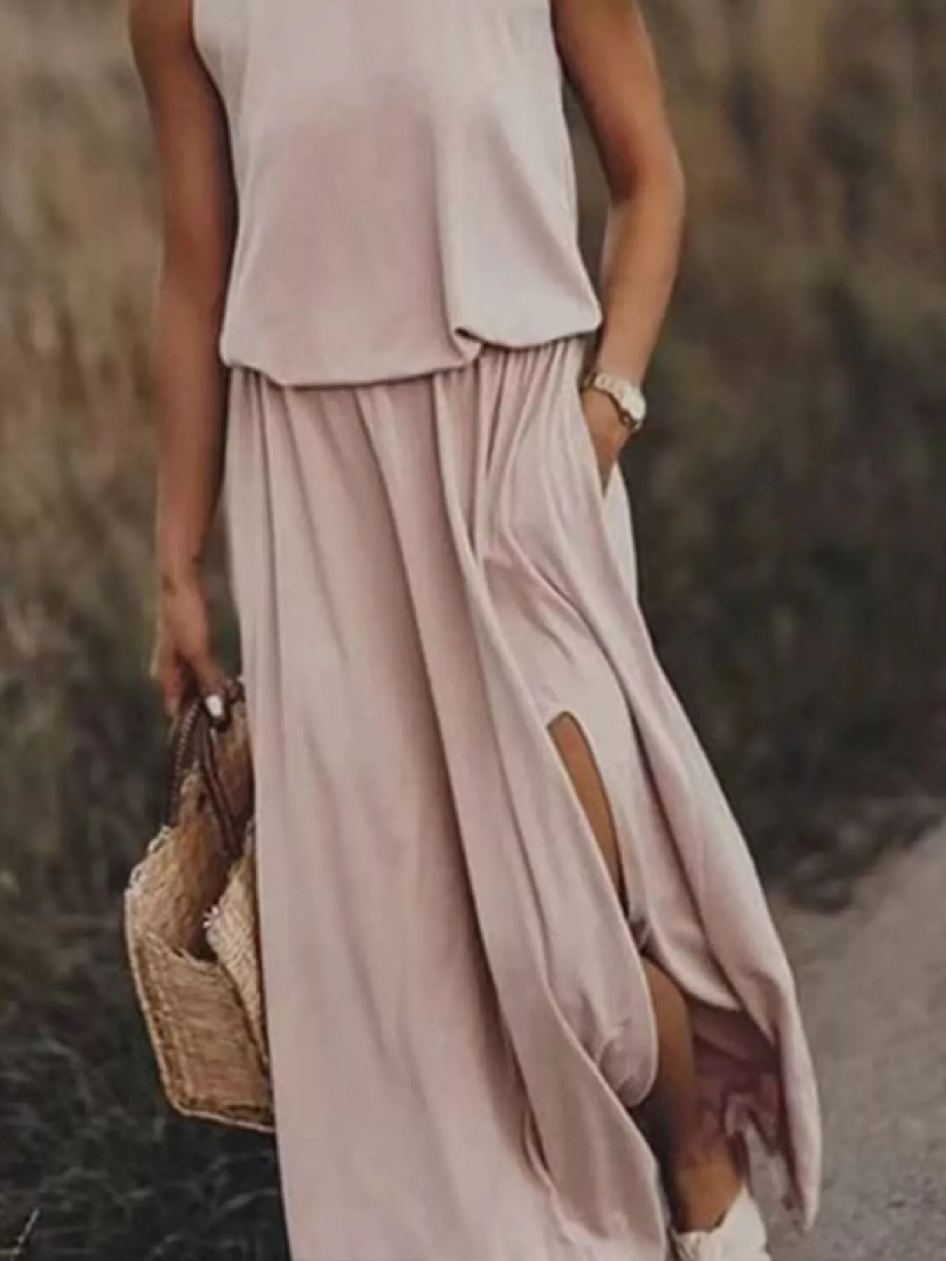 Full Size Round Neck Sleeveless Slit Maxi Dress Plus Size - Image 21