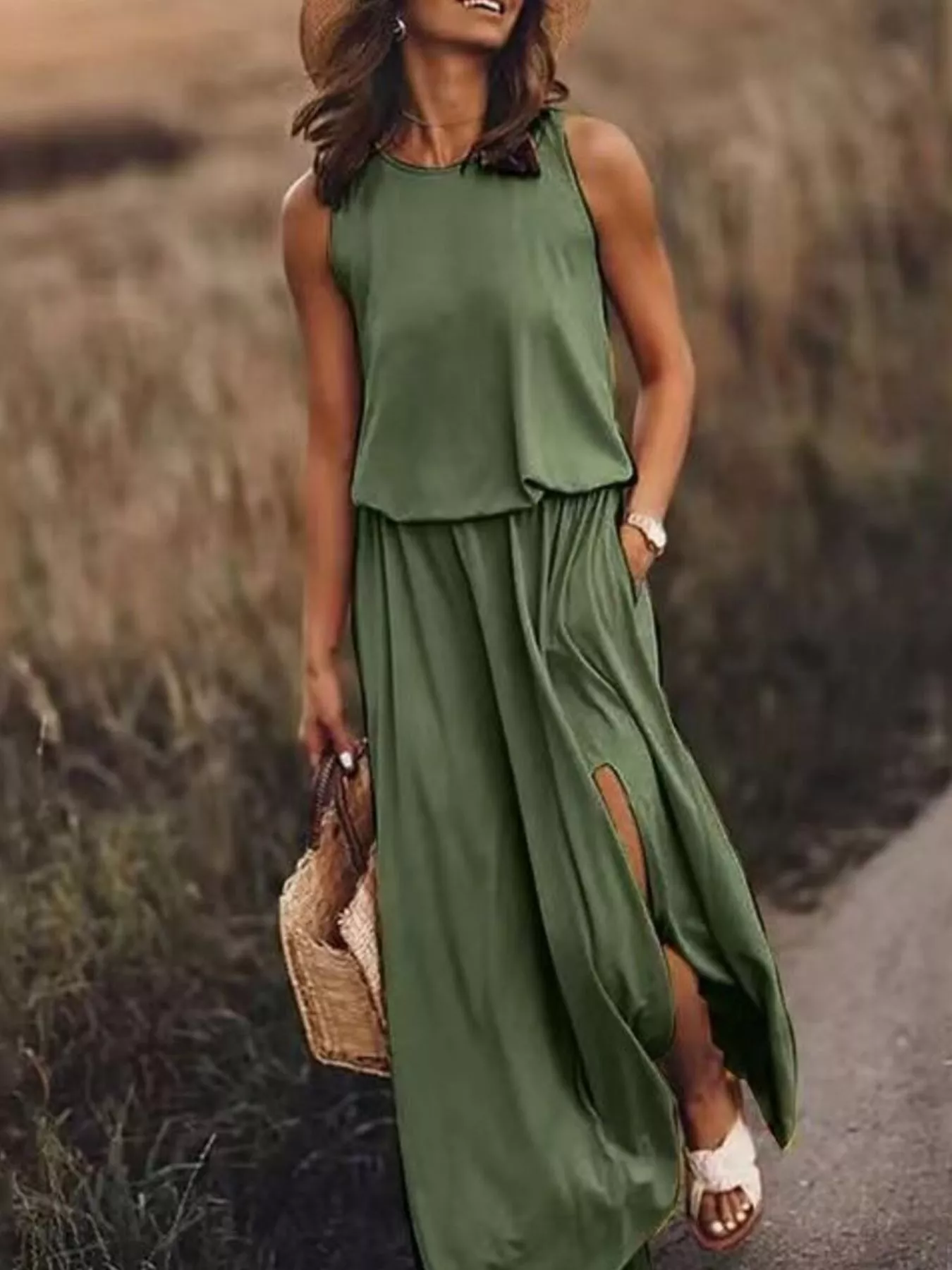 Full Size Round Neck Sleeveless Slit Maxi Dress Plus Size - Image 22