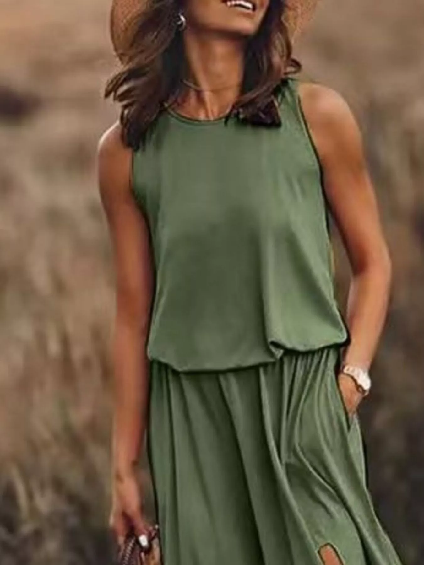 Full Size Round Neck Sleeveless Slit Maxi Dress Plus Size - Image 23