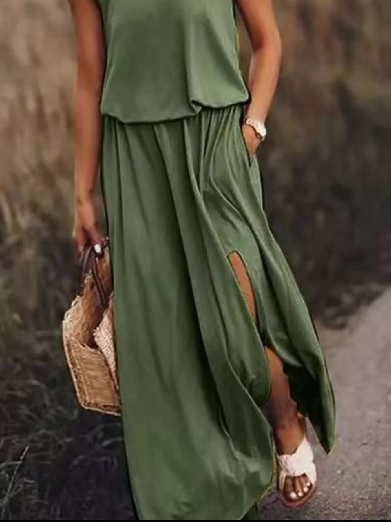 Full Size Round Neck Sleeveless Slit Maxi Dress Plus Size - Image 24
