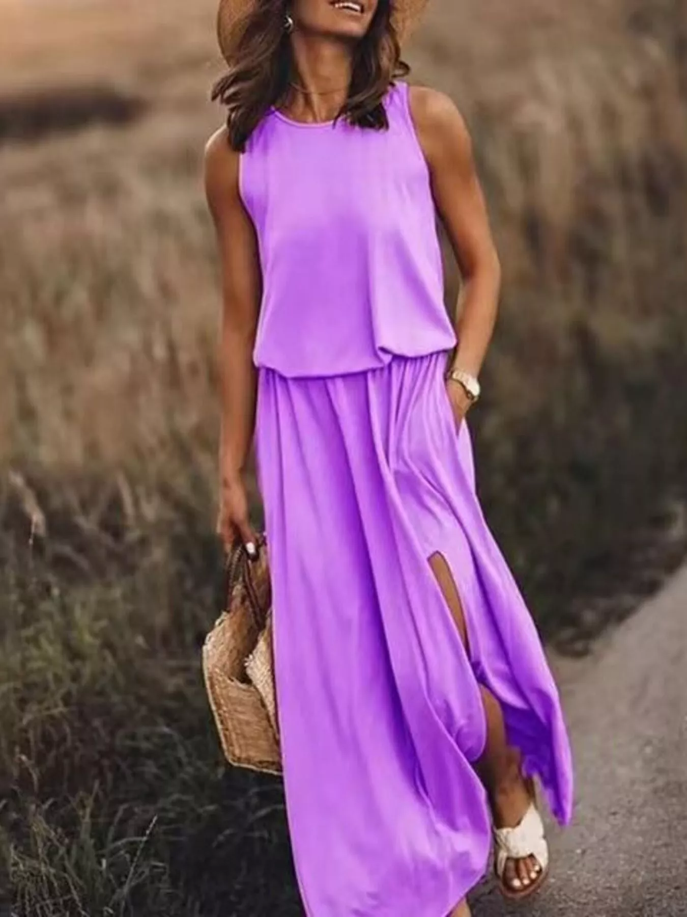 Full Size Round Neck Sleeveless Slit Maxi Dress Plus Size - Image 25