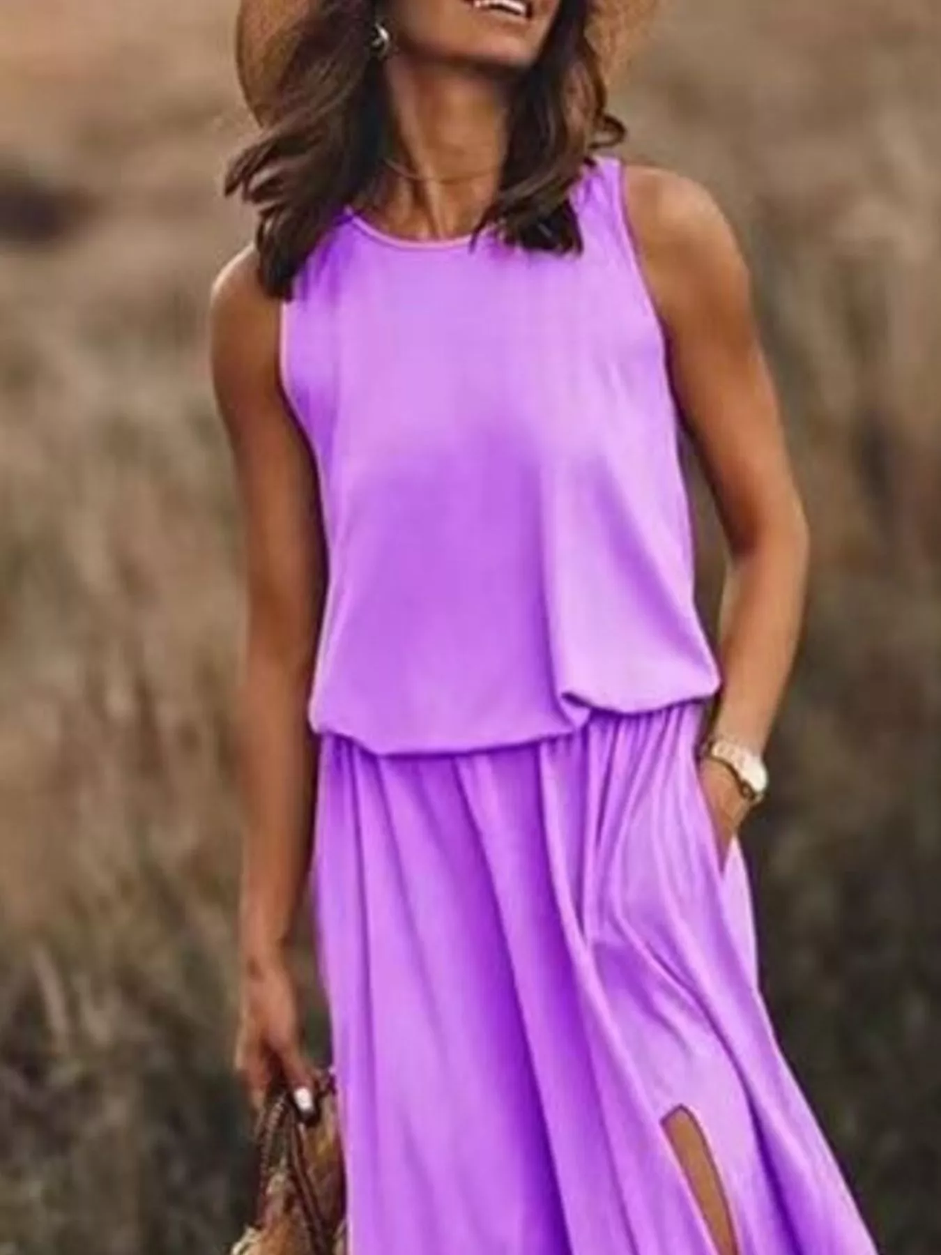 Full Size Round Neck Sleeveless Slit Maxi Dress Plus Size - Image 26