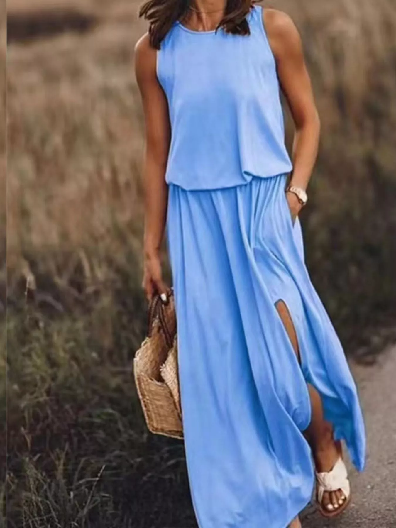 Full Size Round Neck Sleeveless Slit Maxi Dress Plus Size - Image 28