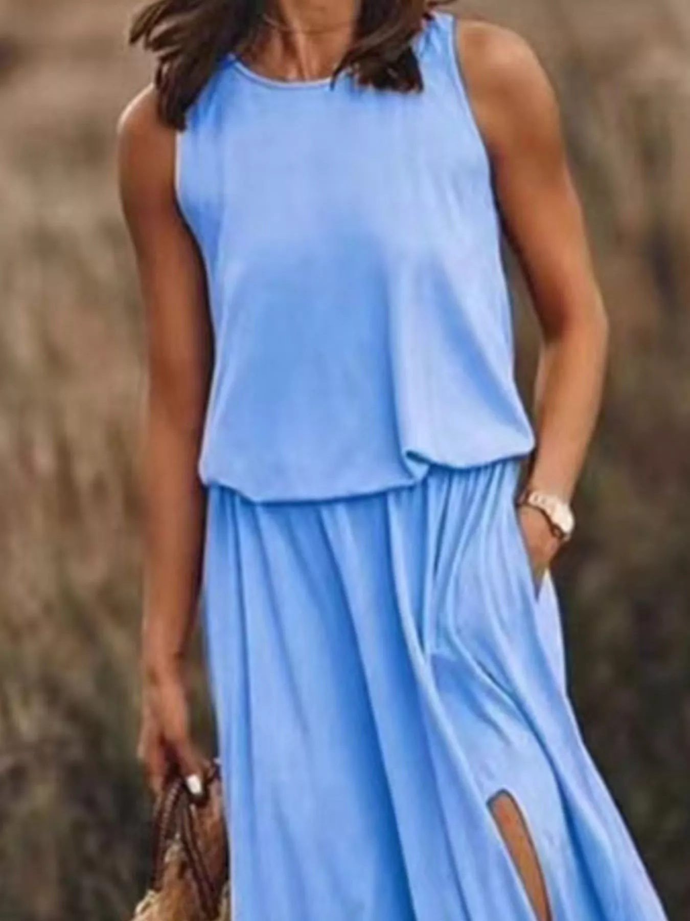 Full Size Round Neck Sleeveless Slit Maxi Dress Plus Size - Image 29