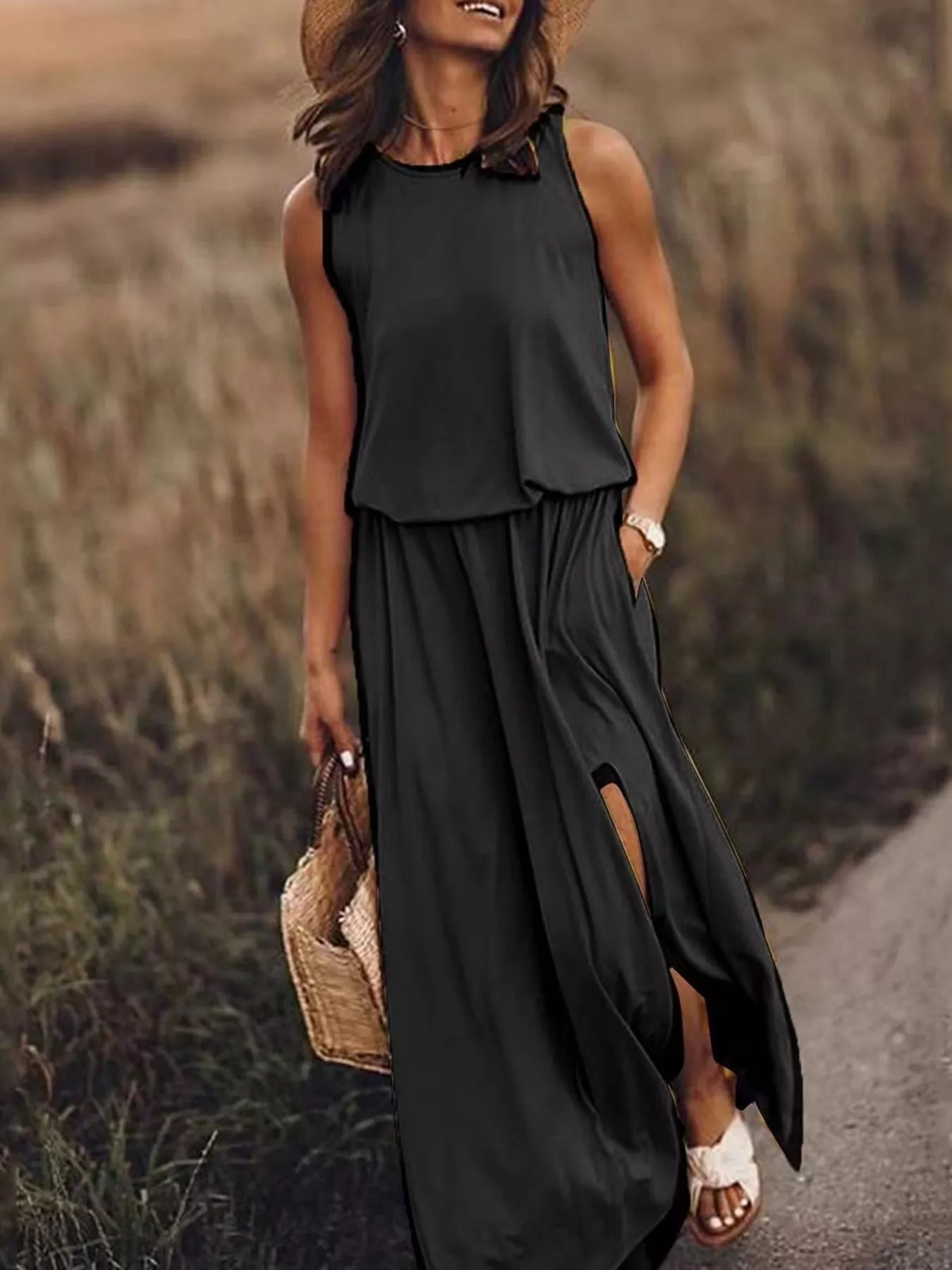 Full Size Round Neck Sleeveless Slit Maxi Dress Plus Size - Image 4