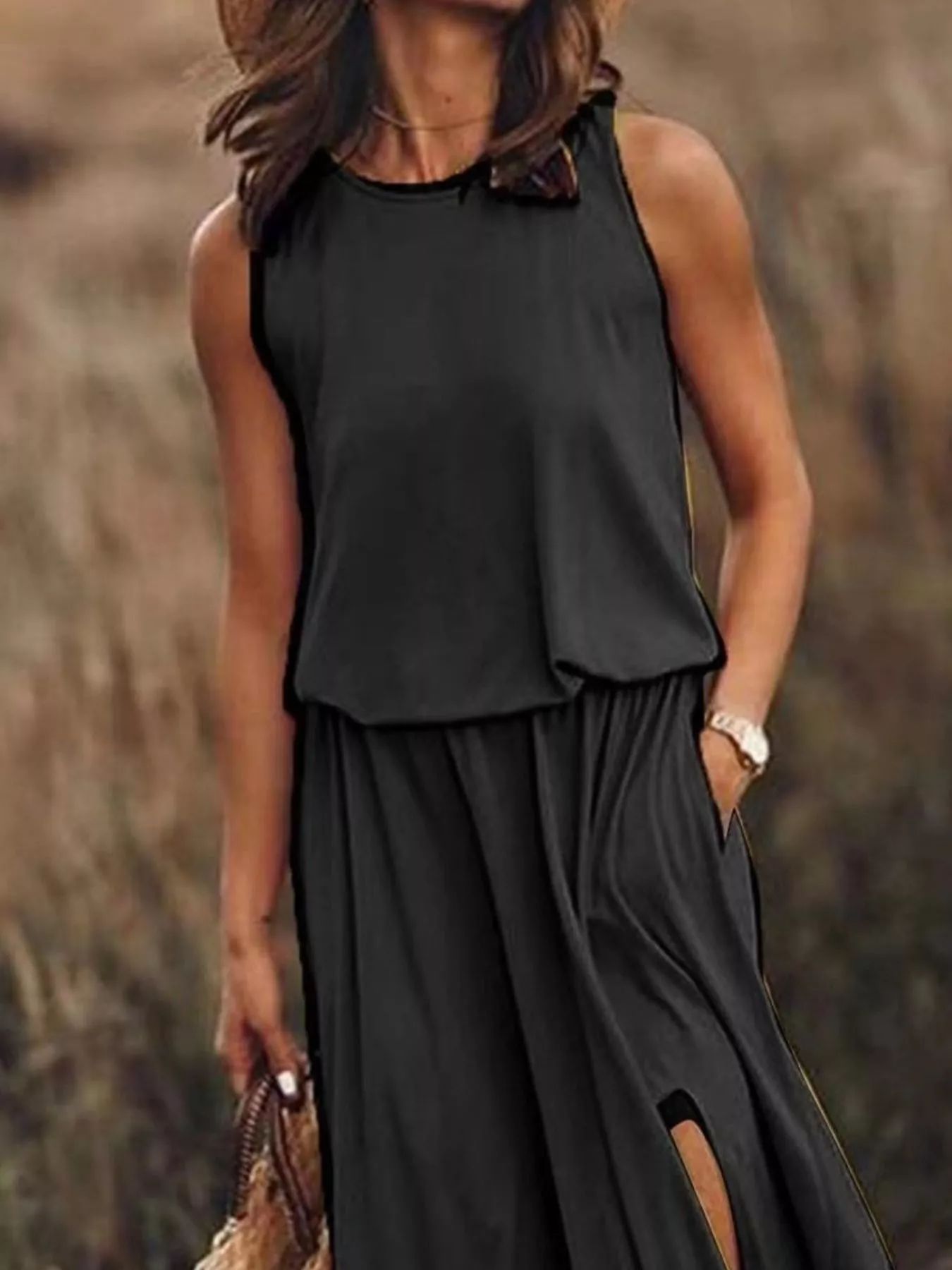 Full Size Round Neck Sleeveless Slit Maxi Dress Plus Size - Image 5