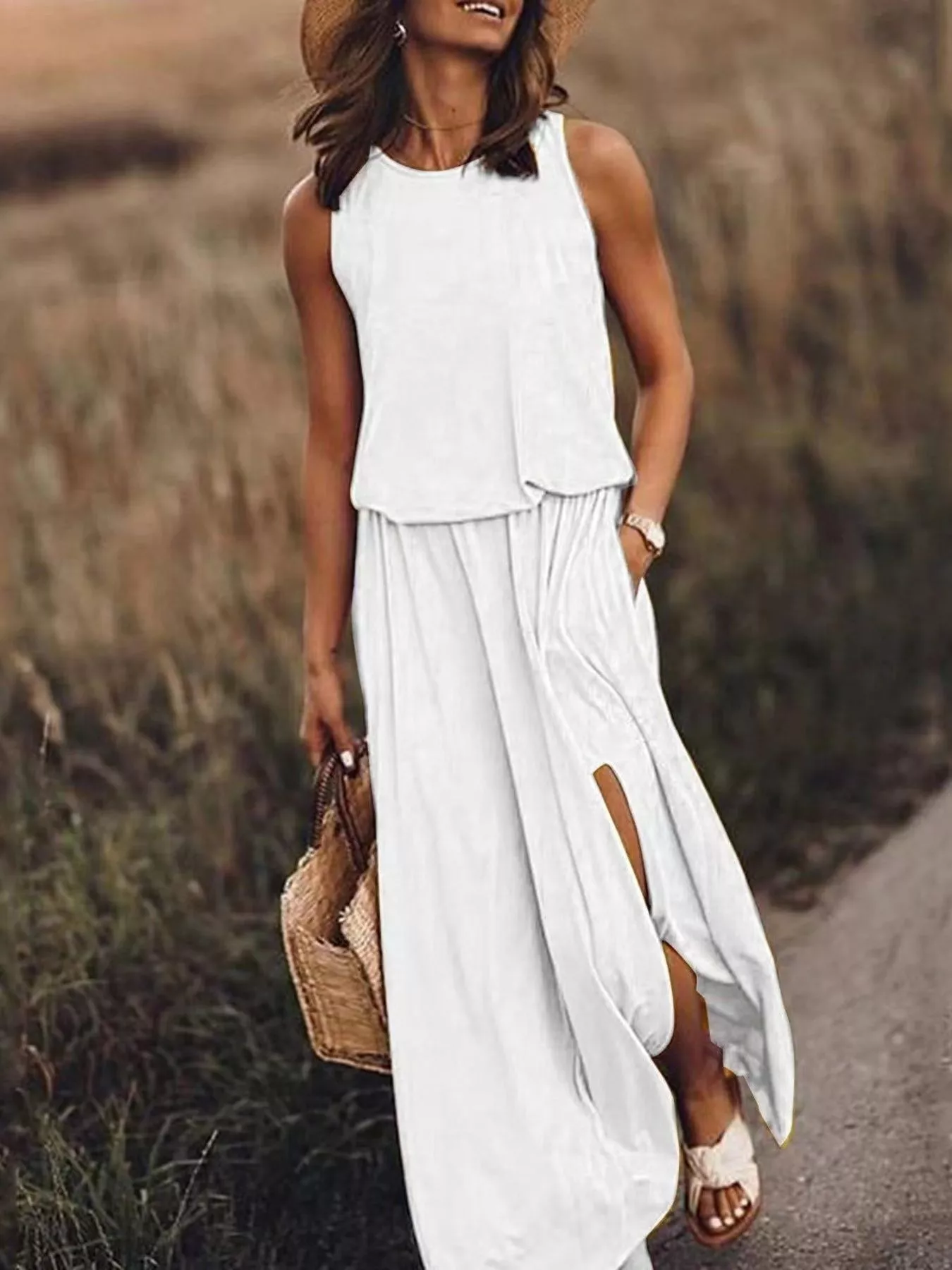 Full Size Round Neck Sleeveless Slit Maxi Dress Plus Size - Image 7
