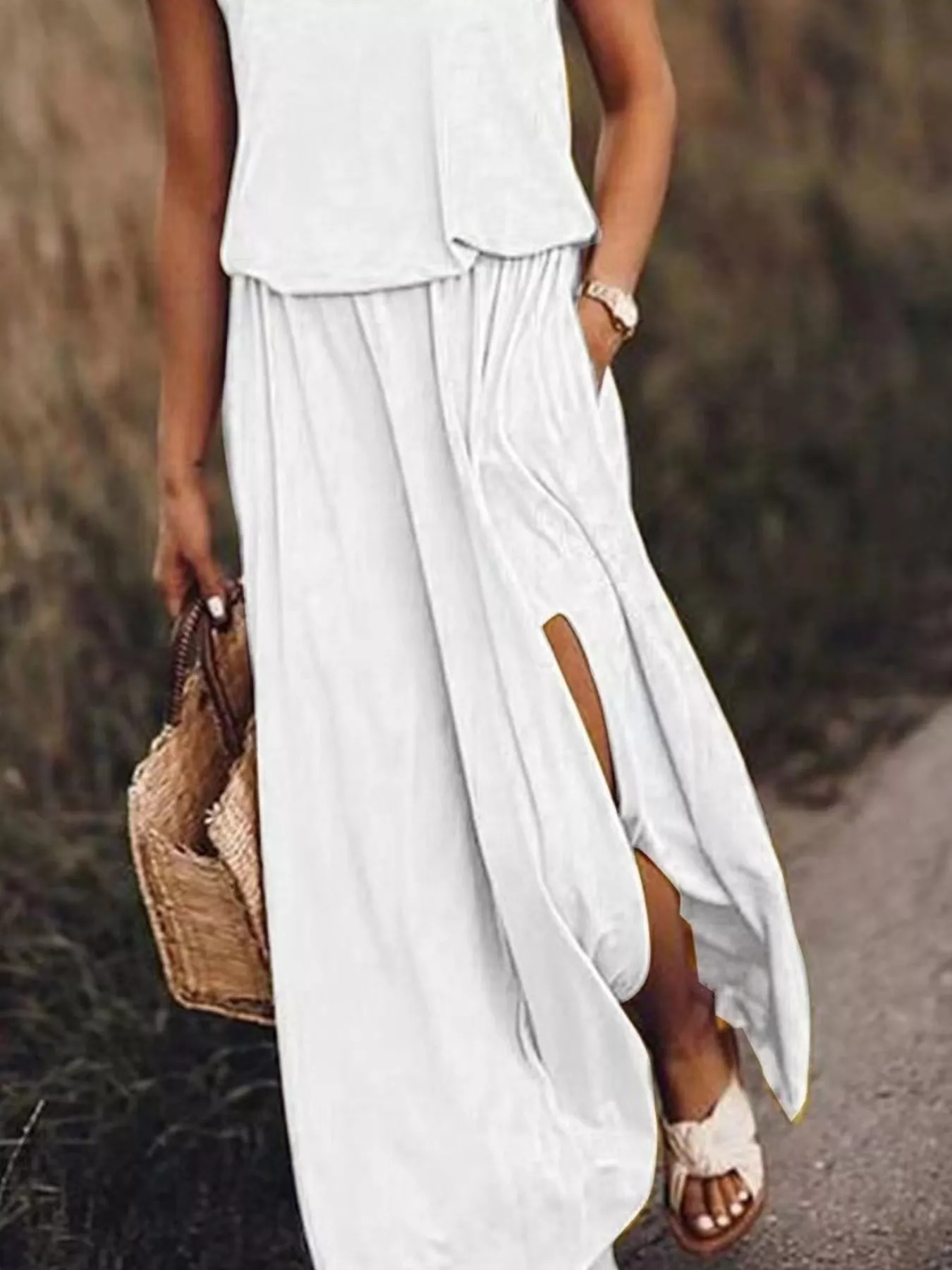 Full Size Round Neck Sleeveless Slit Maxi Dress Plus Size - Image 9
