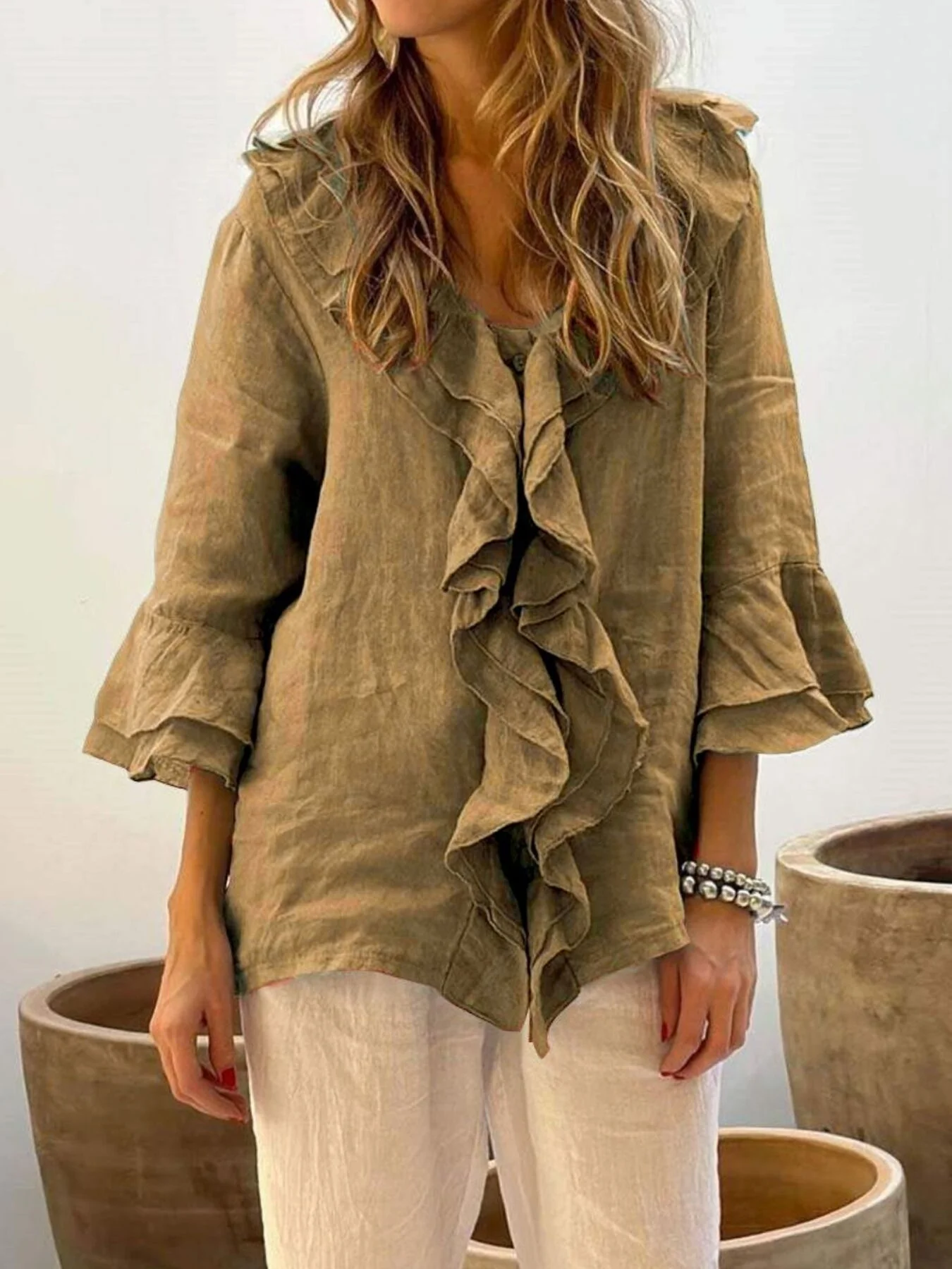 Full Size Ruffle Trim 3/4 Sleeve Blouse Plus Size