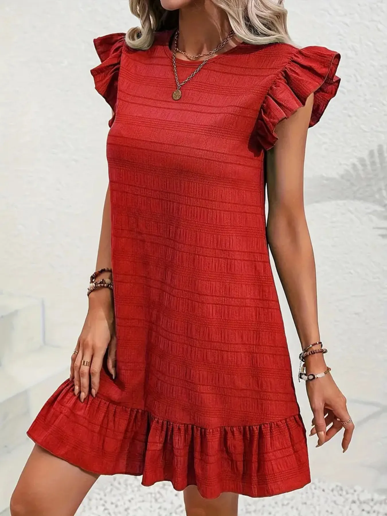 Full Size Ruffled Flutter Sleeve Textured Mini Dress Plus Size - Image 17