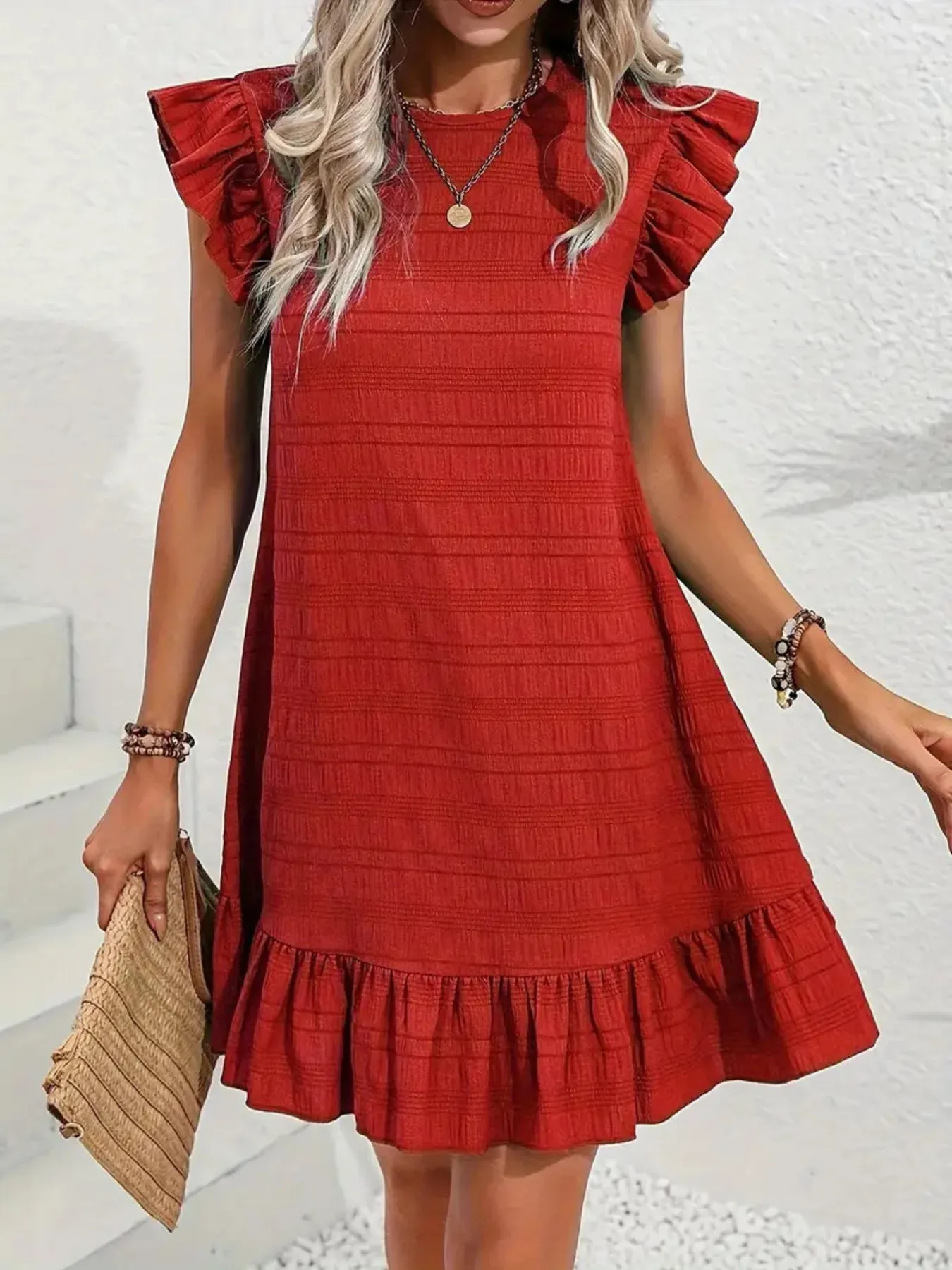 Full Size Ruffled Flutter Sleeve Textured Mini Dress Plus Size - Image 19