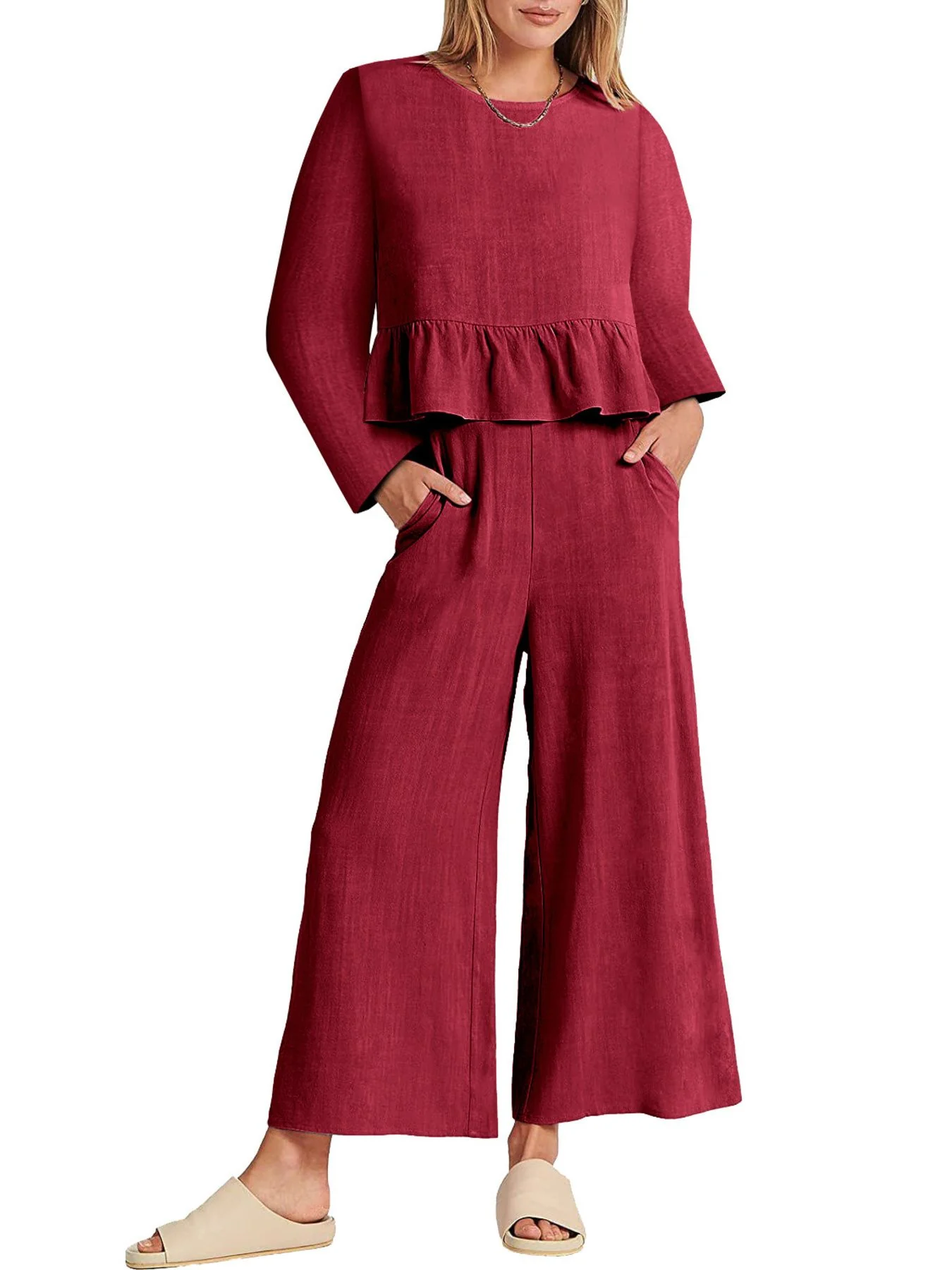 Full Size Ruffled Hem Long Sleeve Top and Pants Set Plus Size - Image 11