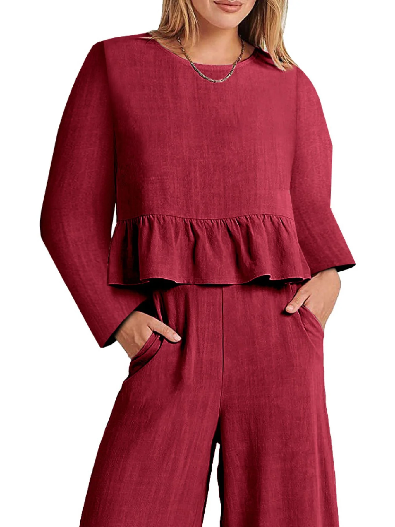 Full Size Ruffled Hem Long Sleeve Top and Pants Set Plus Size - Image 12