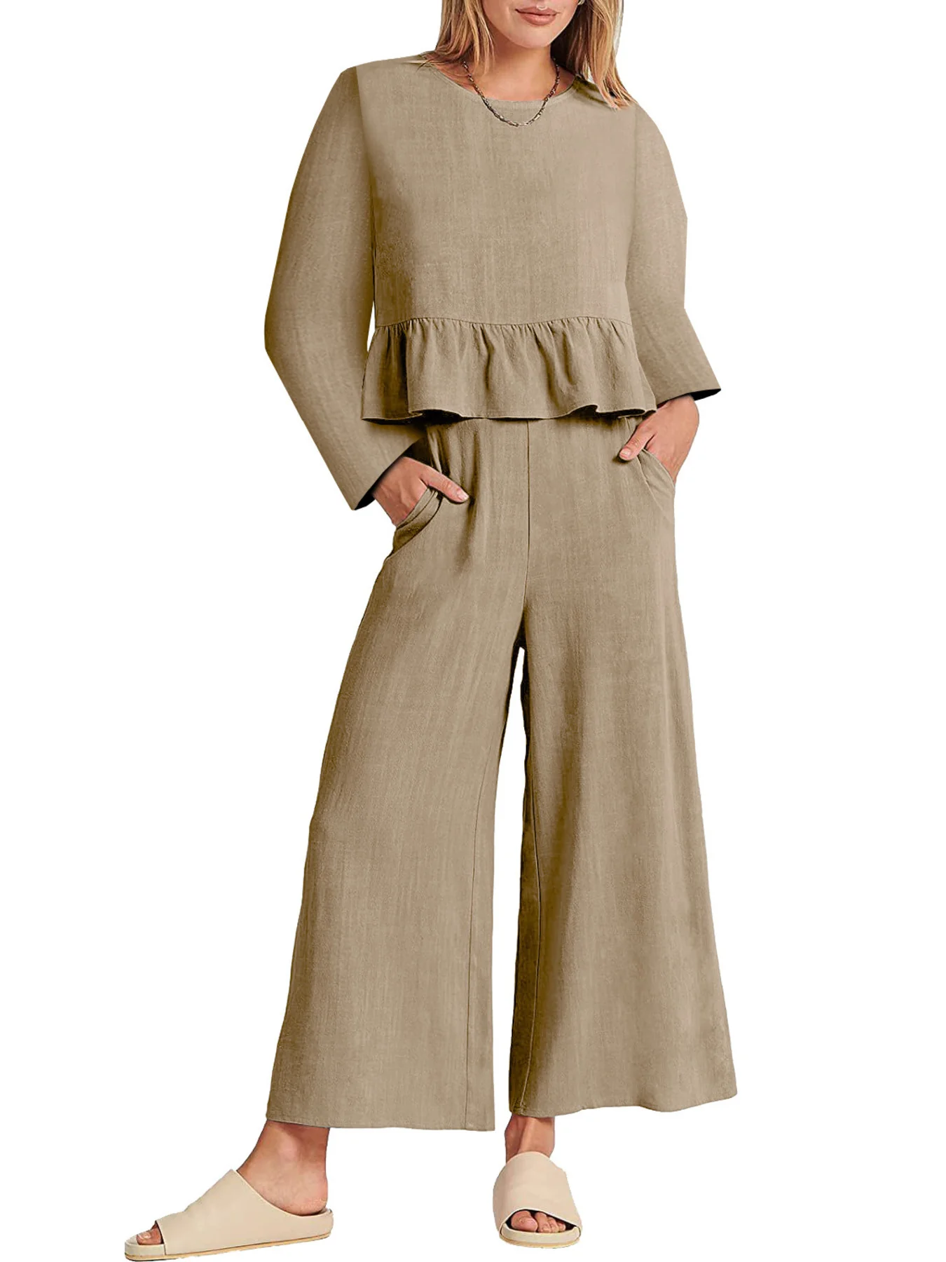 Full Size Ruffled Hem Long Sleeve Top and Pants Set Plus Size - Image 14