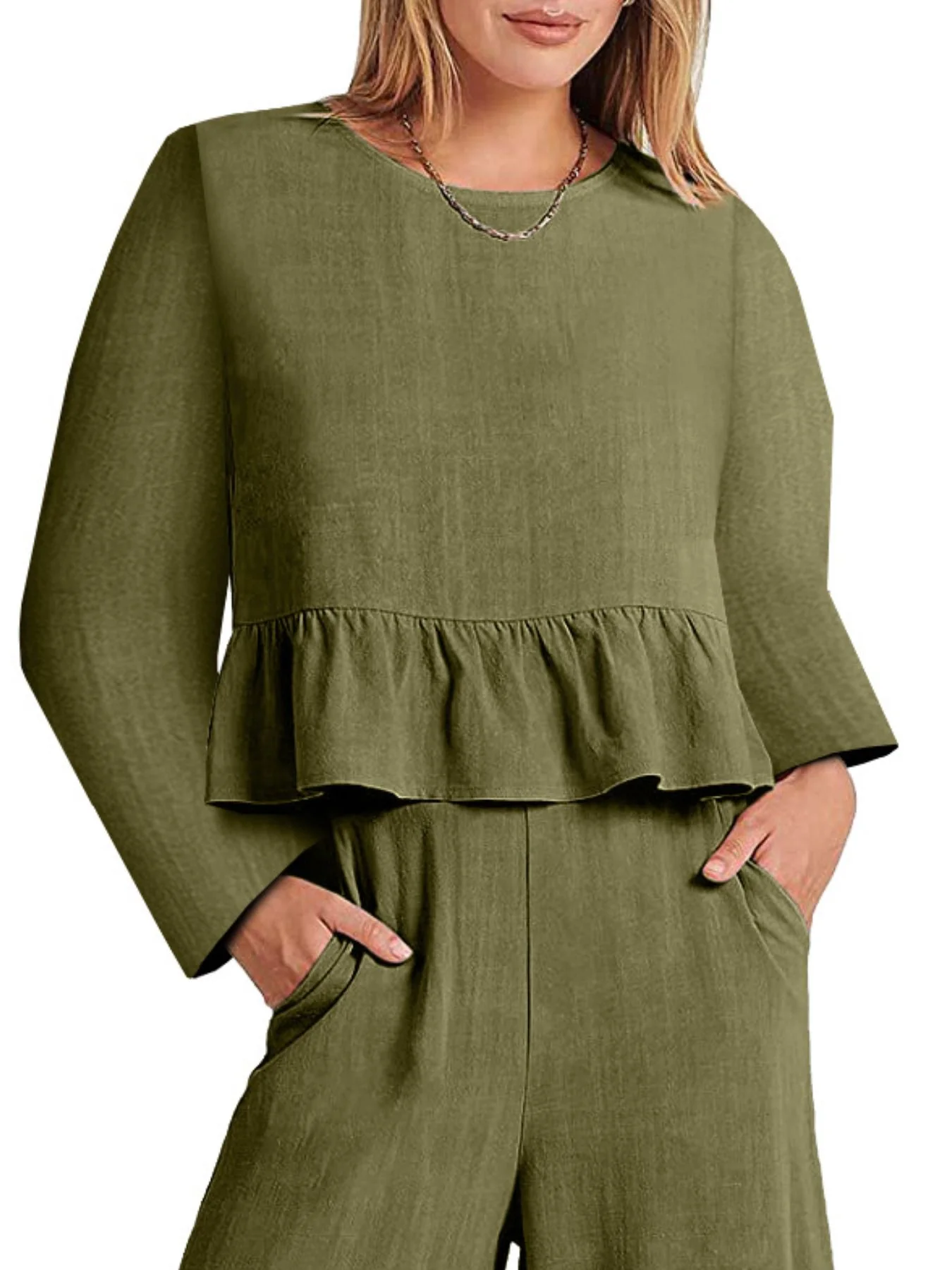 Full Size Ruffled Hem Long Sleeve Top and Pants Set Plus Size - Image 2