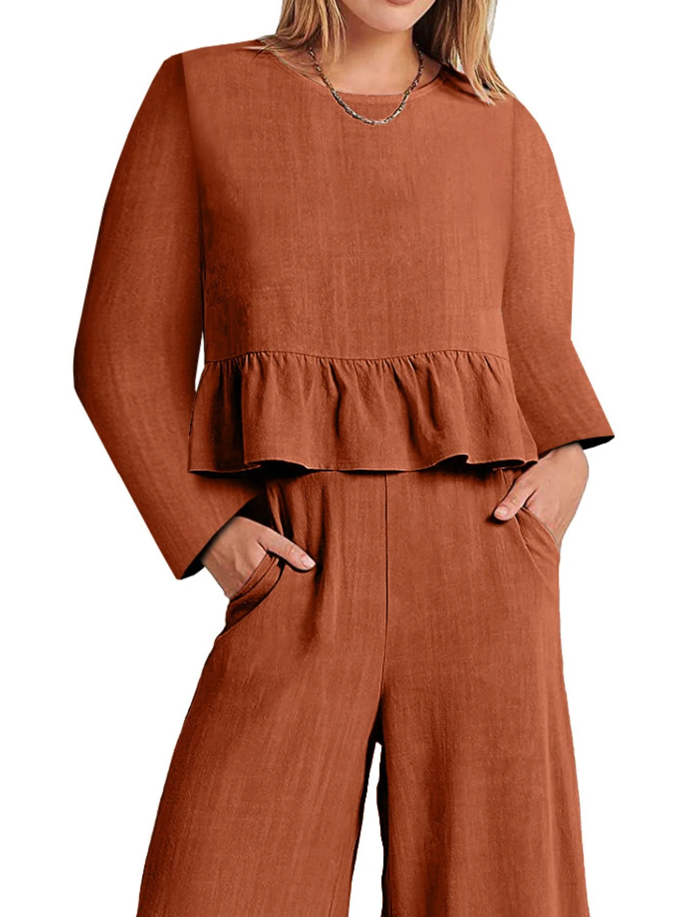 Full Size Ruffled Hem Long Sleeve Top and Pants Set Plus Size - Image 9