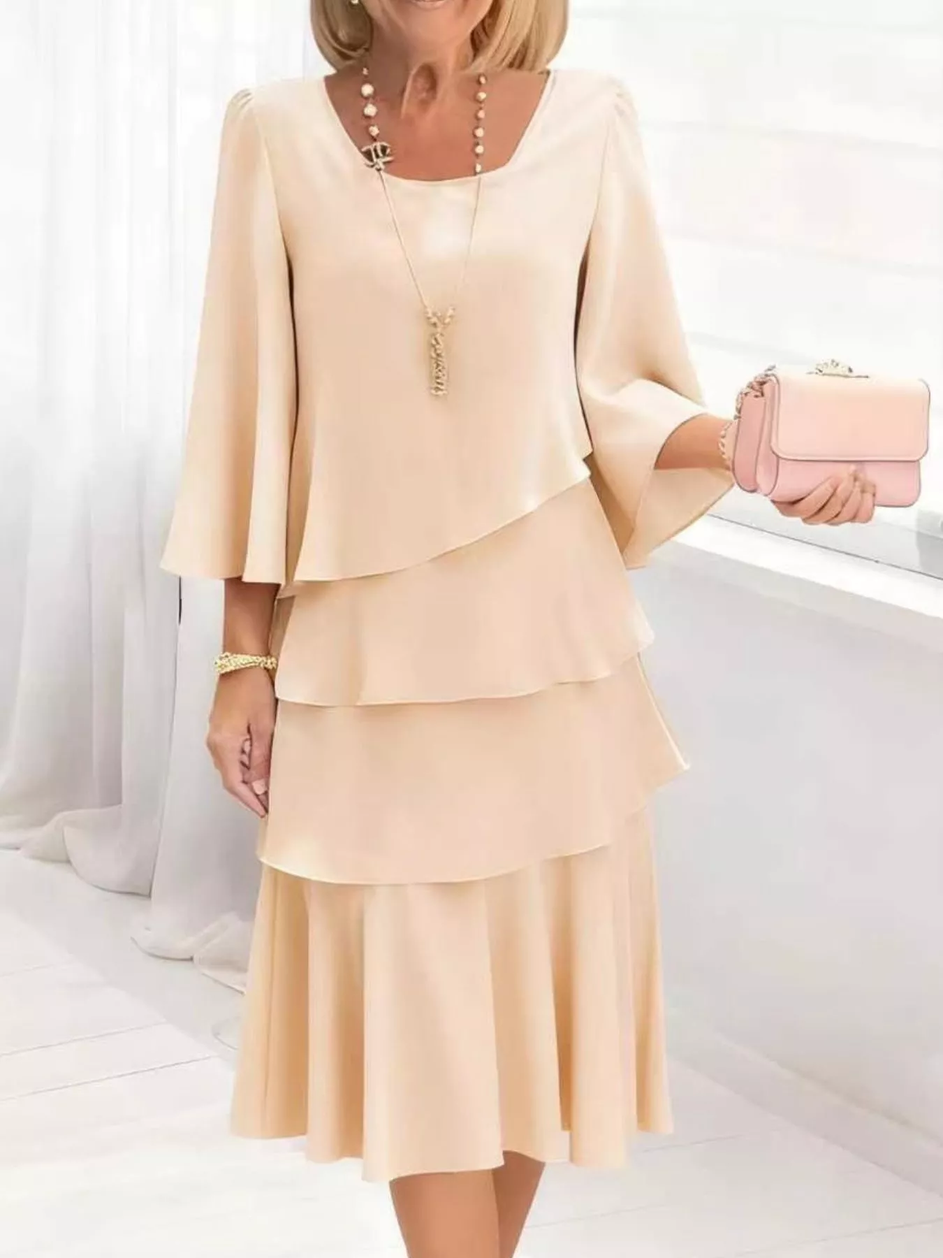 Full Size Ruffled Layered 3/4 Sleeve Dress Plus Size - Image 4