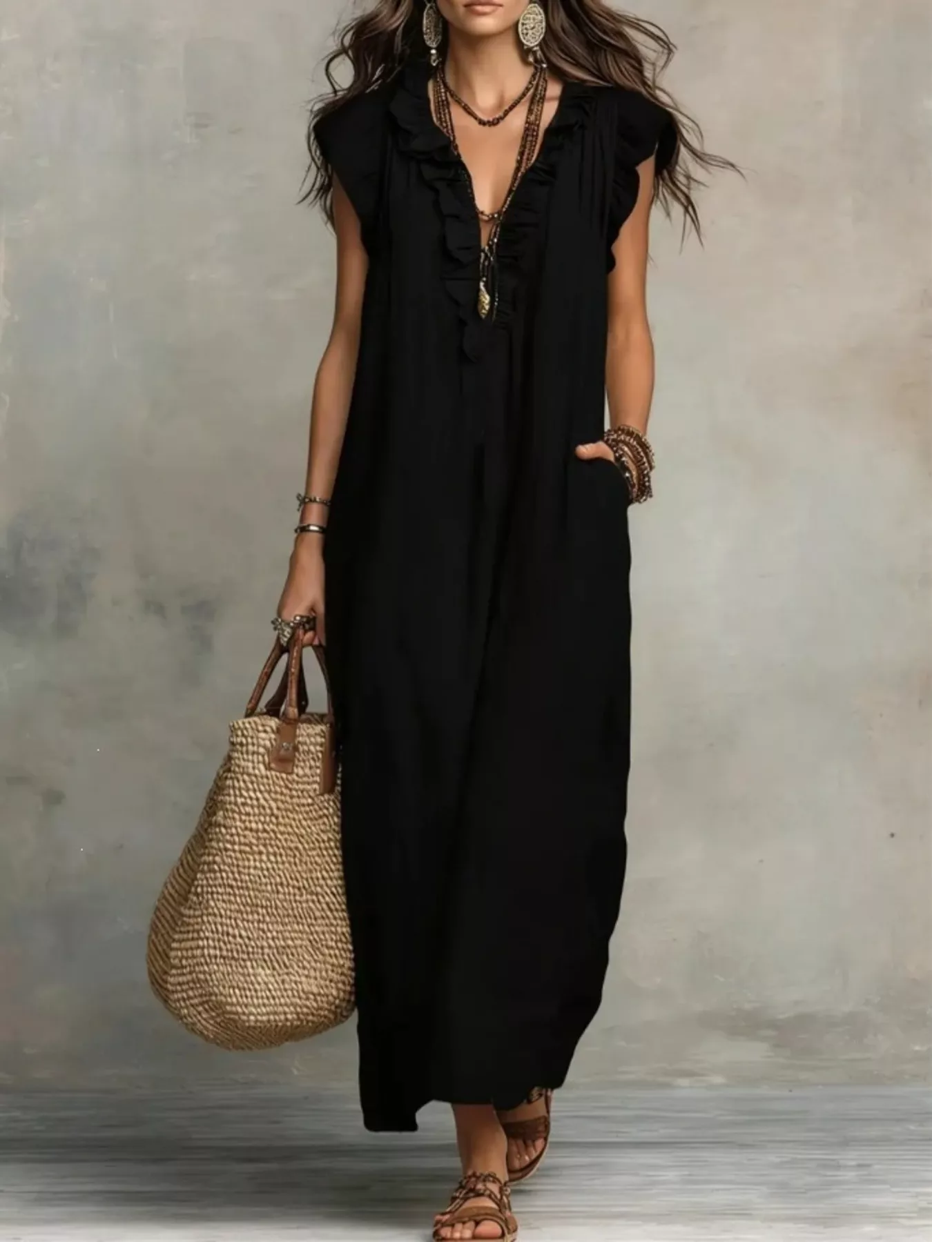 Full Size Ruffled V-Neck Cap Sleeve Maxi Dress Plus Size - Image 4