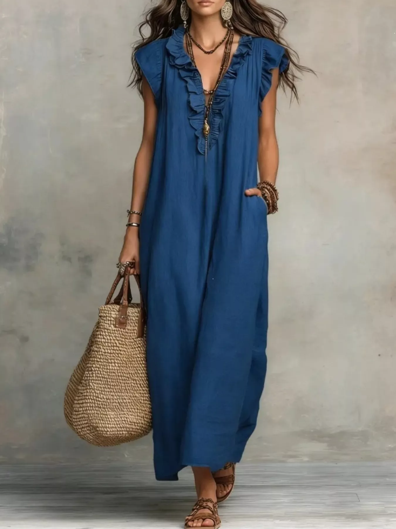 Full Size Ruffled V-Neck Cap Sleeve Maxi Dress Plus Size - Image 7