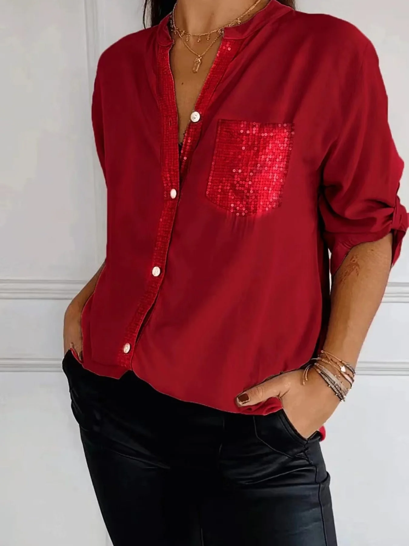 Full Size Sequin Detail Button-Down Shirt Plus Size - Image 25