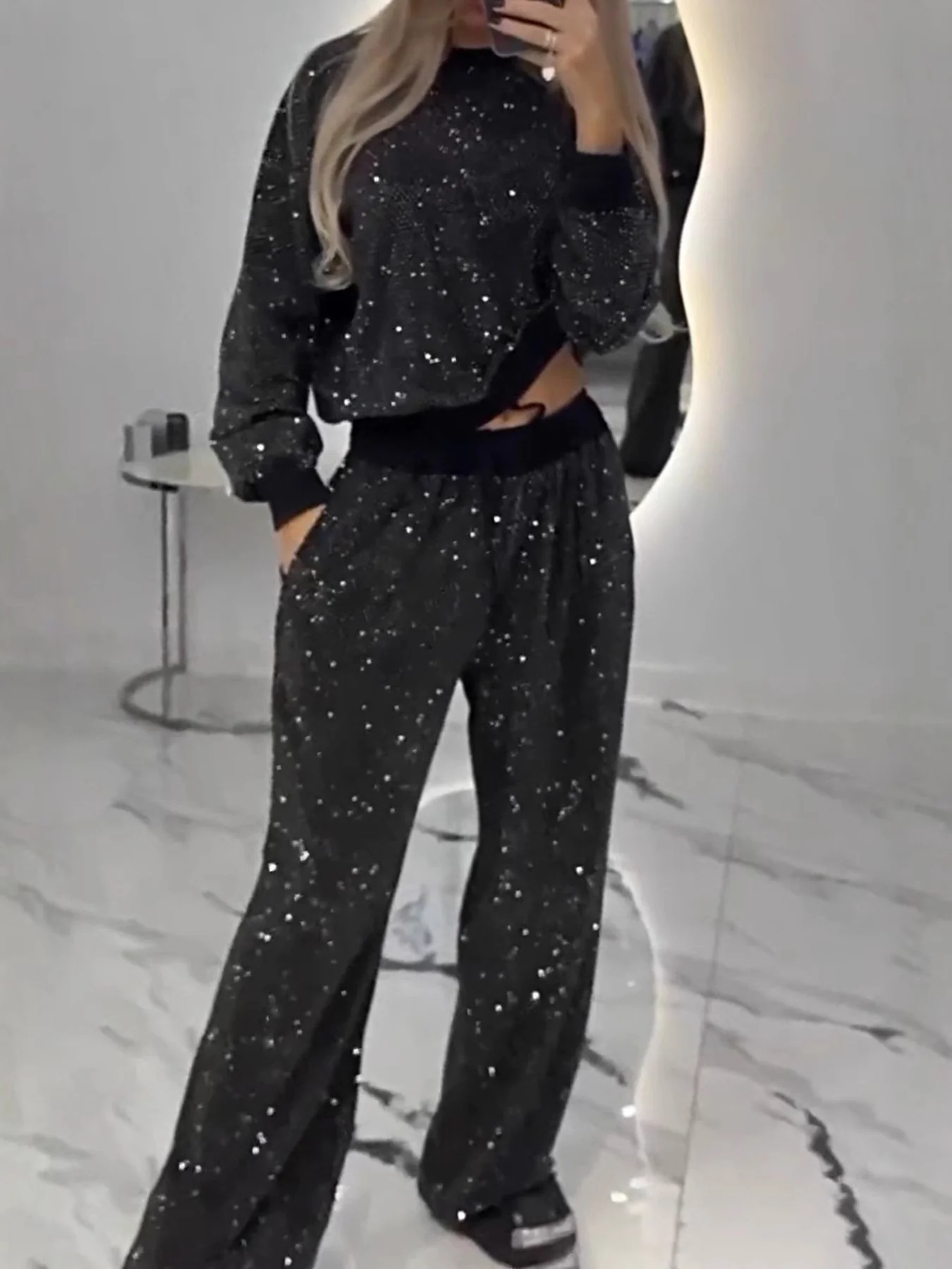 Full Size Sequin Round Neck Top and Pants Set Plus Size - Image 2