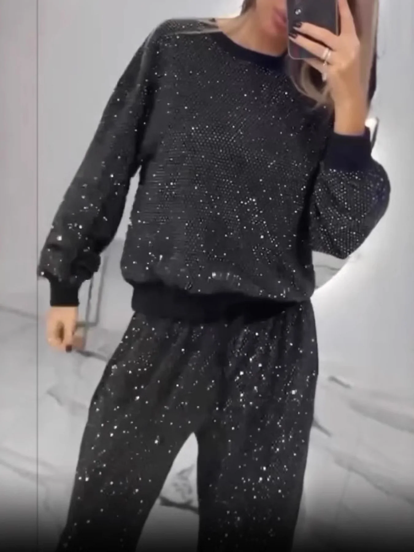 Full Size Sequin Round Neck Top and Pants Set Plus Size - Image 3