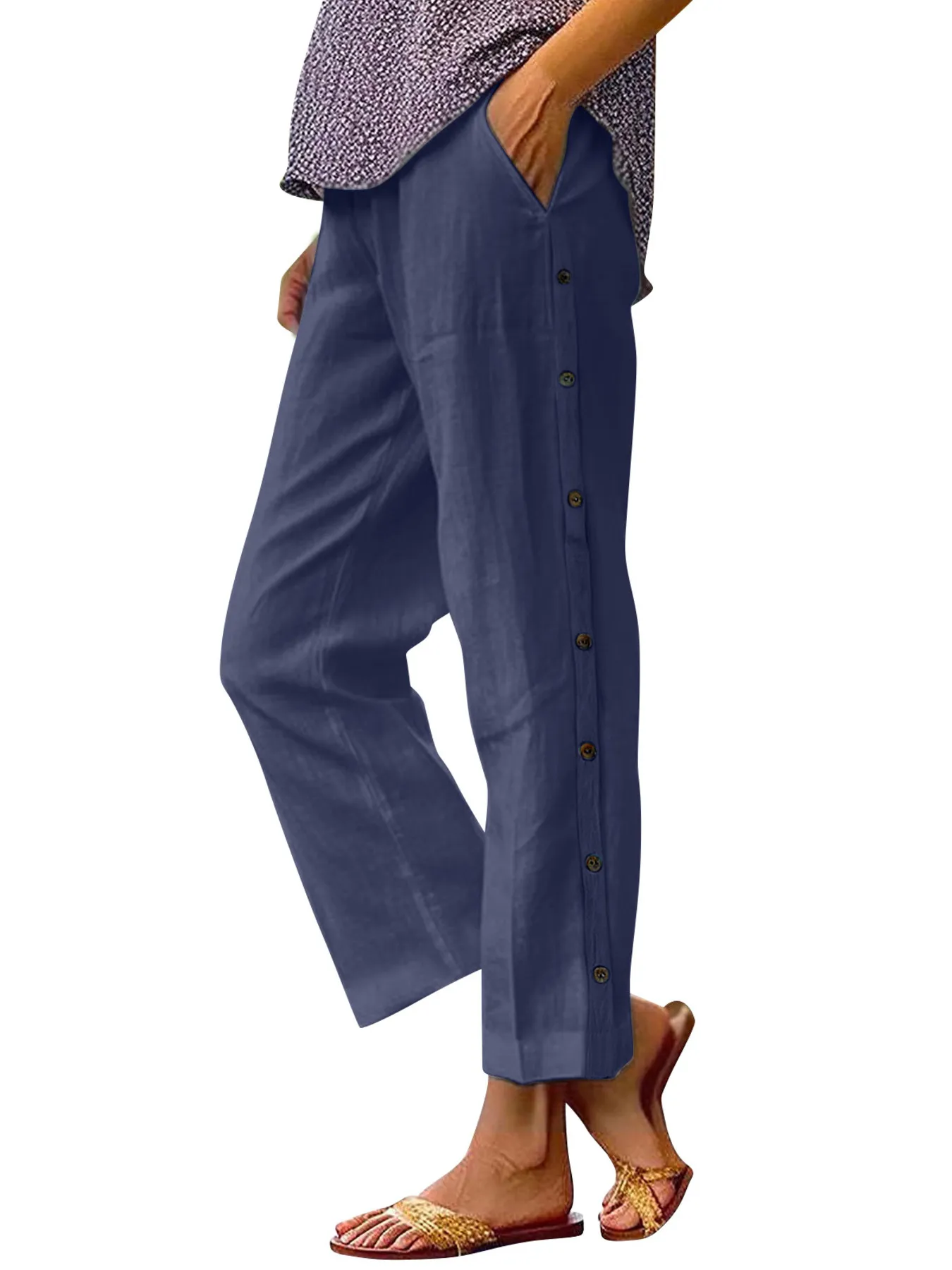 Full Size Side Decor Button Casual Wide Leg Pants Plus Size - Image 8