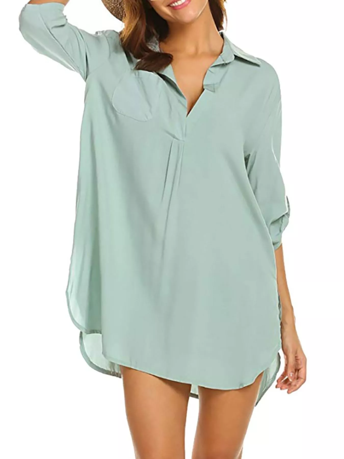 Full Size Side Slit Collared Neck Oversized Shirt Plus Size - Image 17