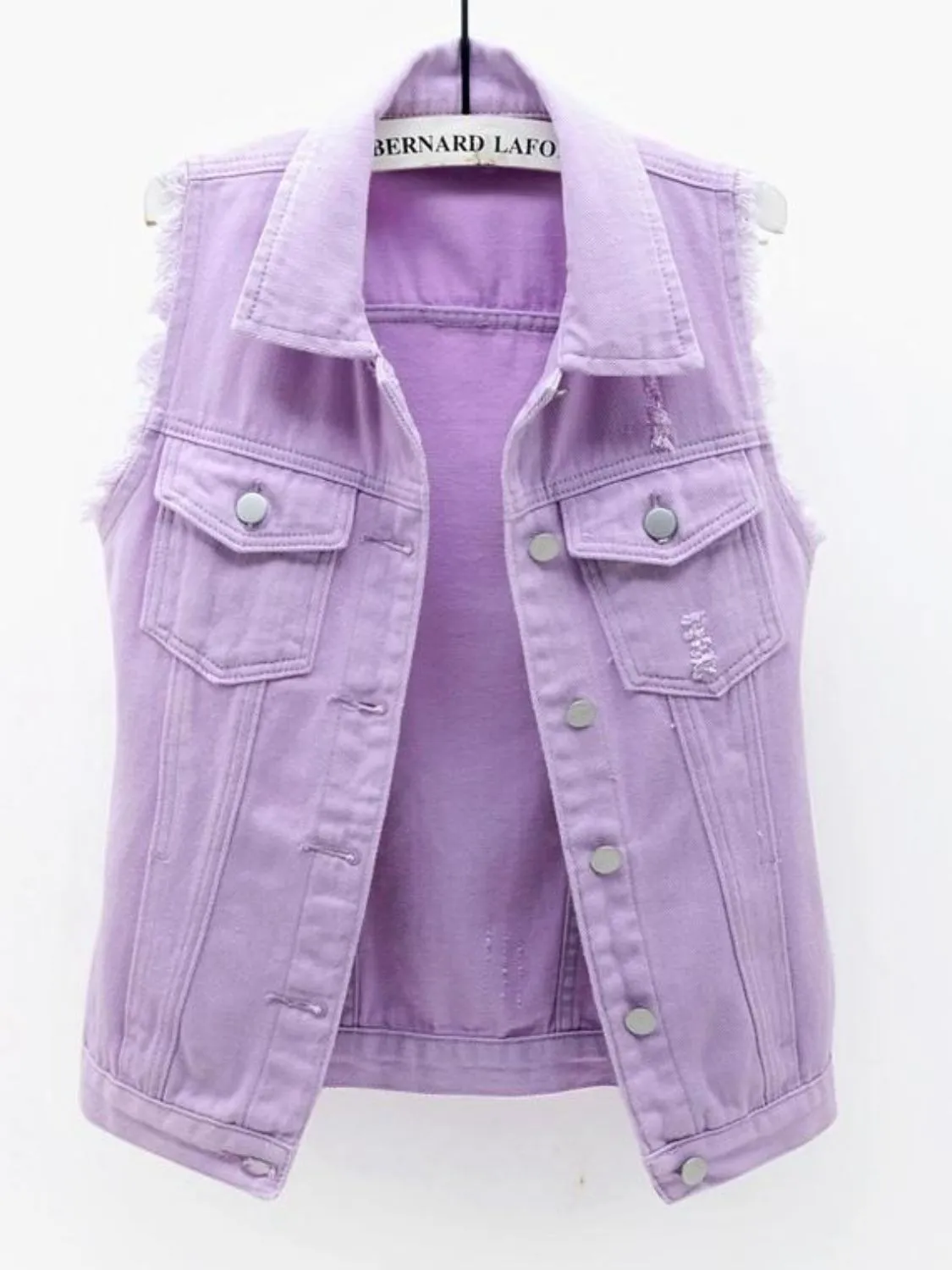 Full Size Sleeveless Frayed Denim Vest Jacket Plus Size - Image 5
