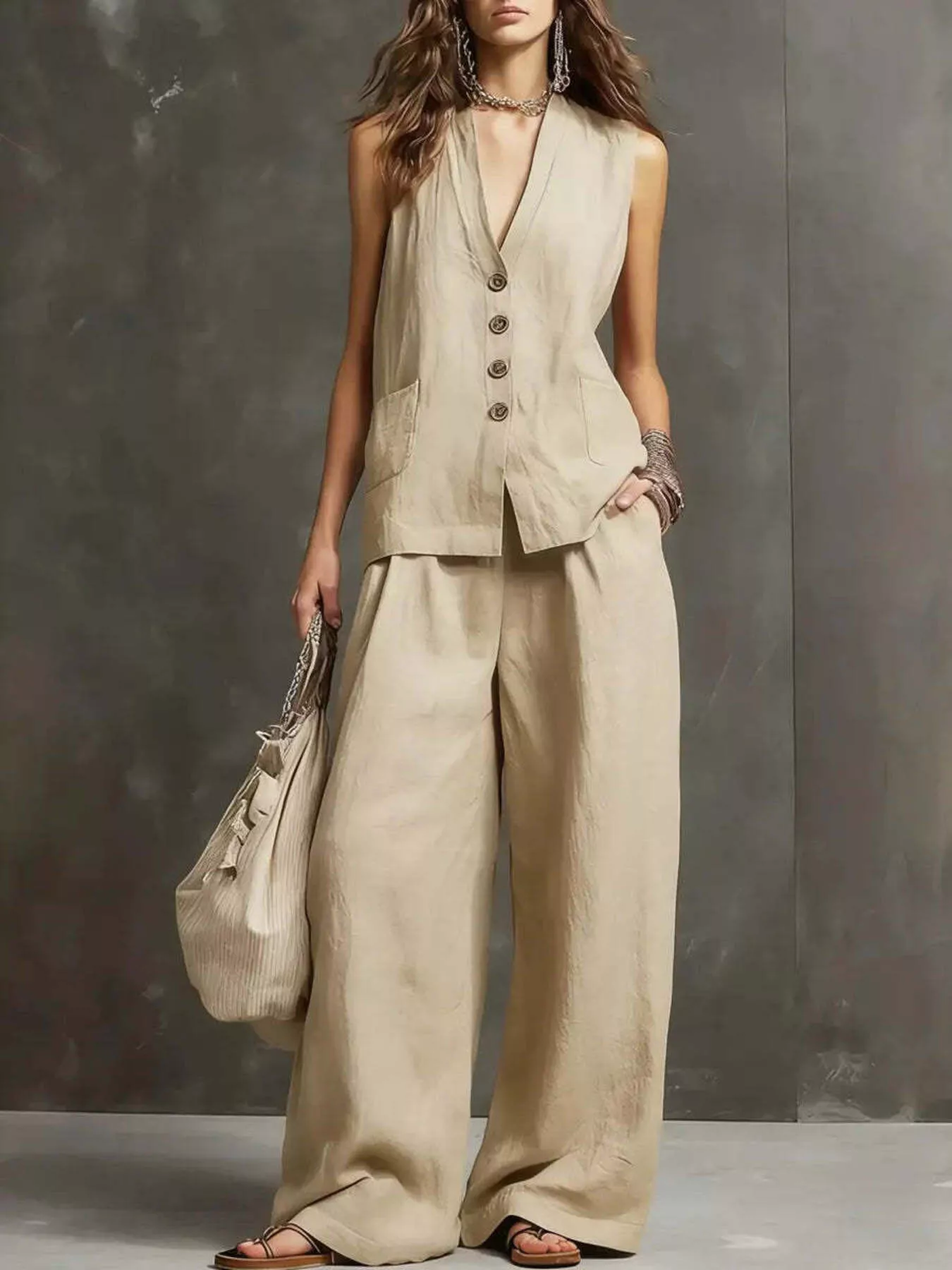 Full Size Sleeveless Vest and Wide-Leg Pants Set Plus SIze - Image 9