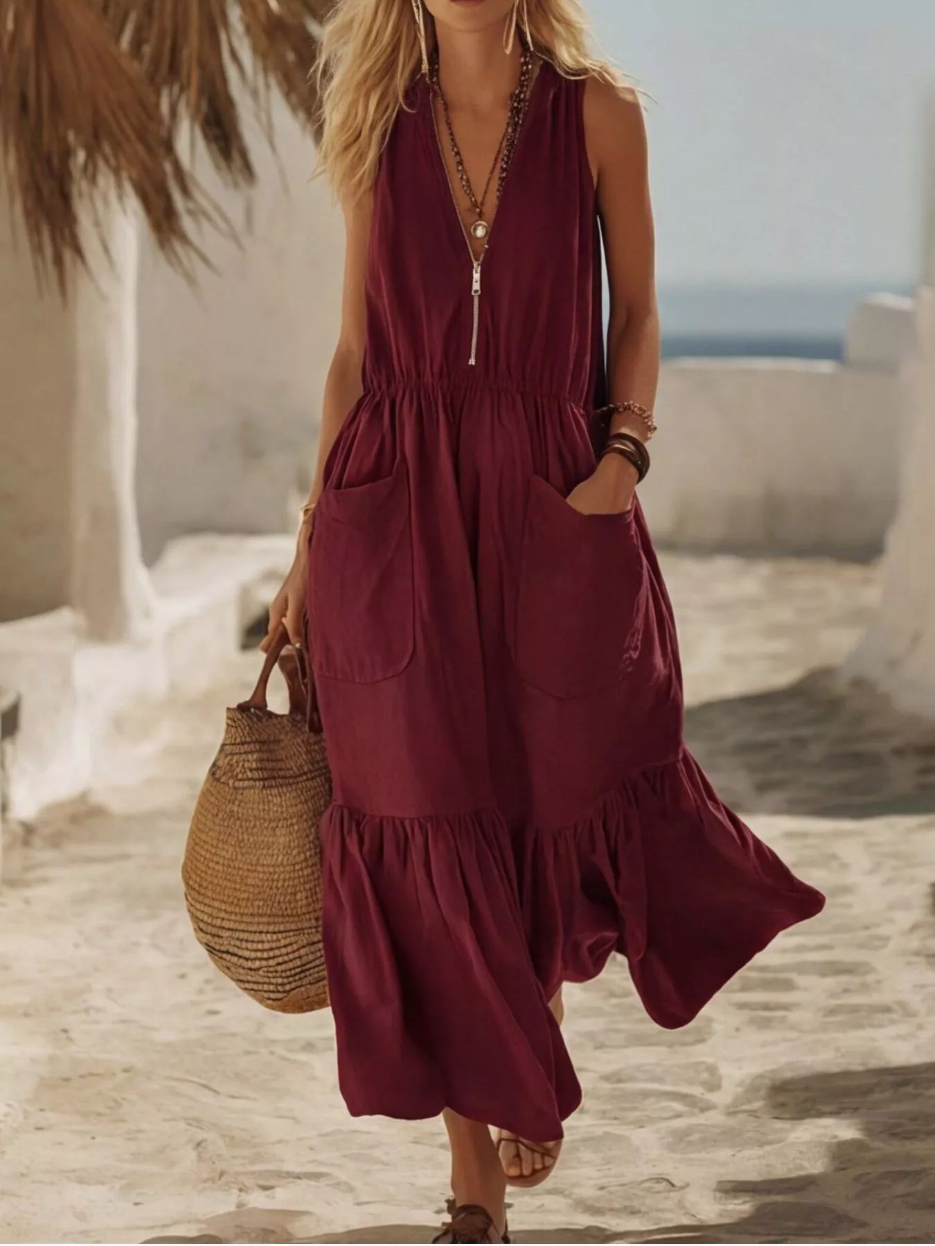 Full Size Sleeveless Zipper Front Pocket Ruffle Hem Maxi Dress Plus Size - Image 5