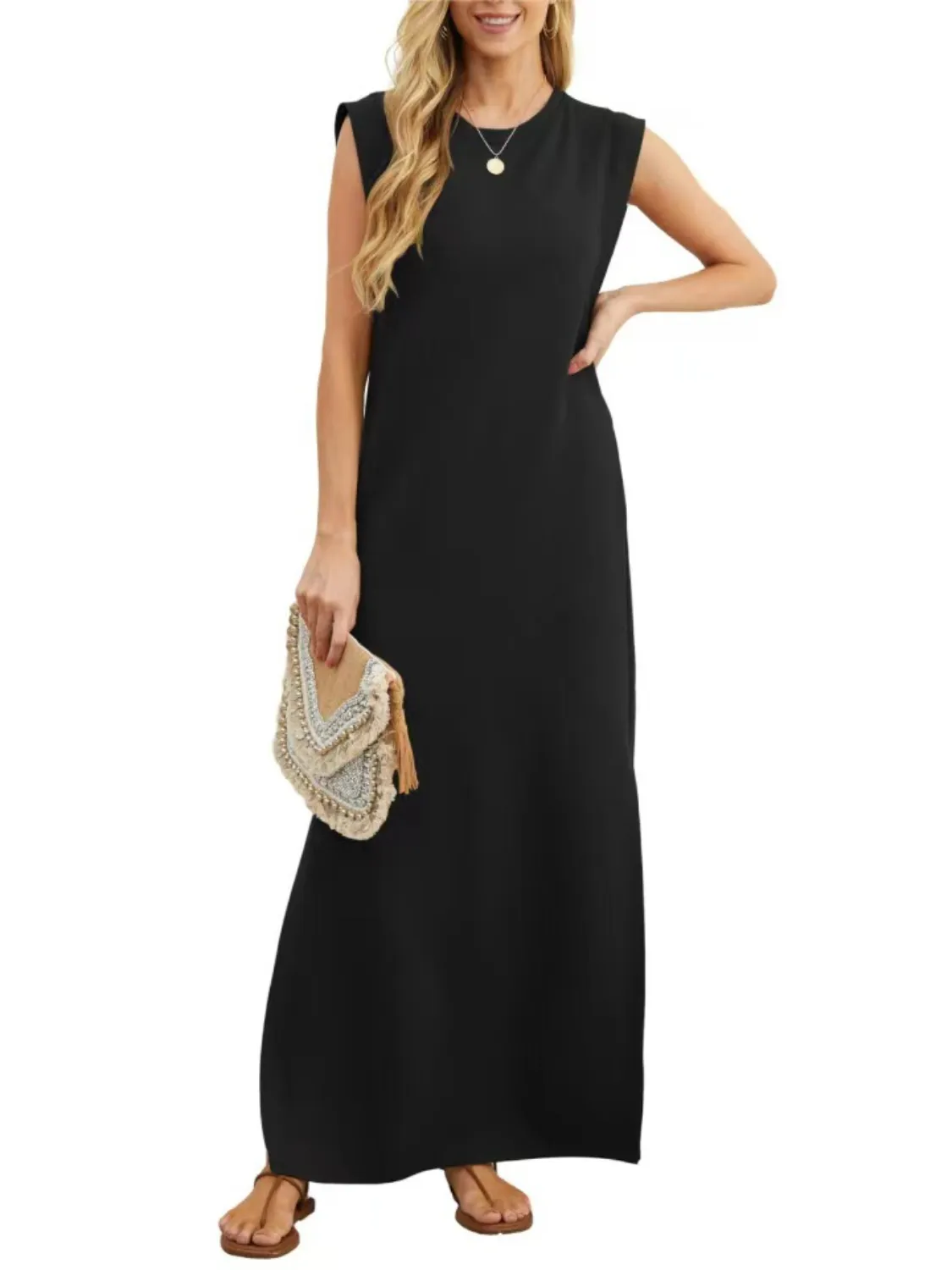 Full Size Slit Round Neck Sleeveless Maxi Tank Dress Plus Size - Image 3
