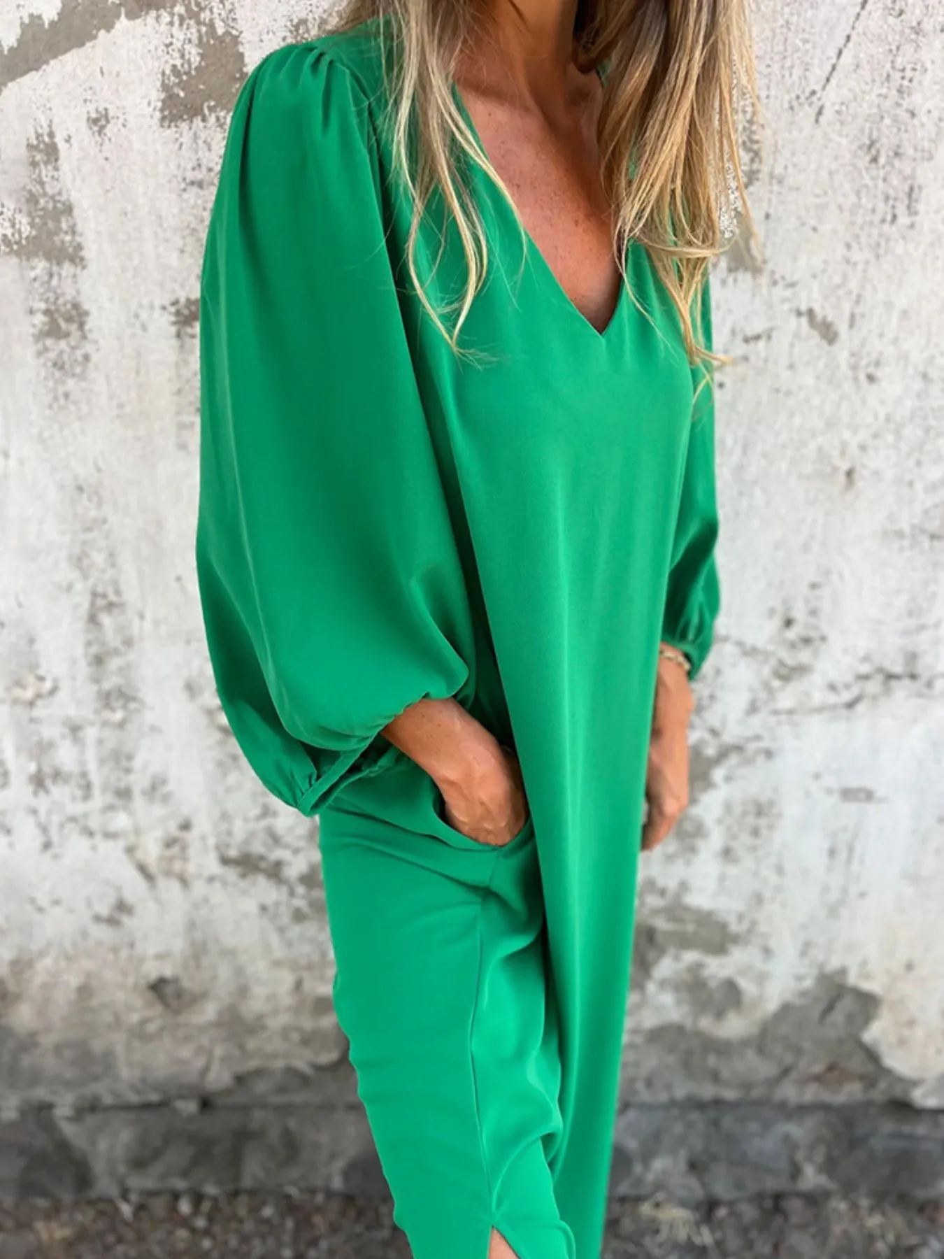 Full Size Slit V-Neck Balloon Sleeve Midi Dress Plus Size - Image 13