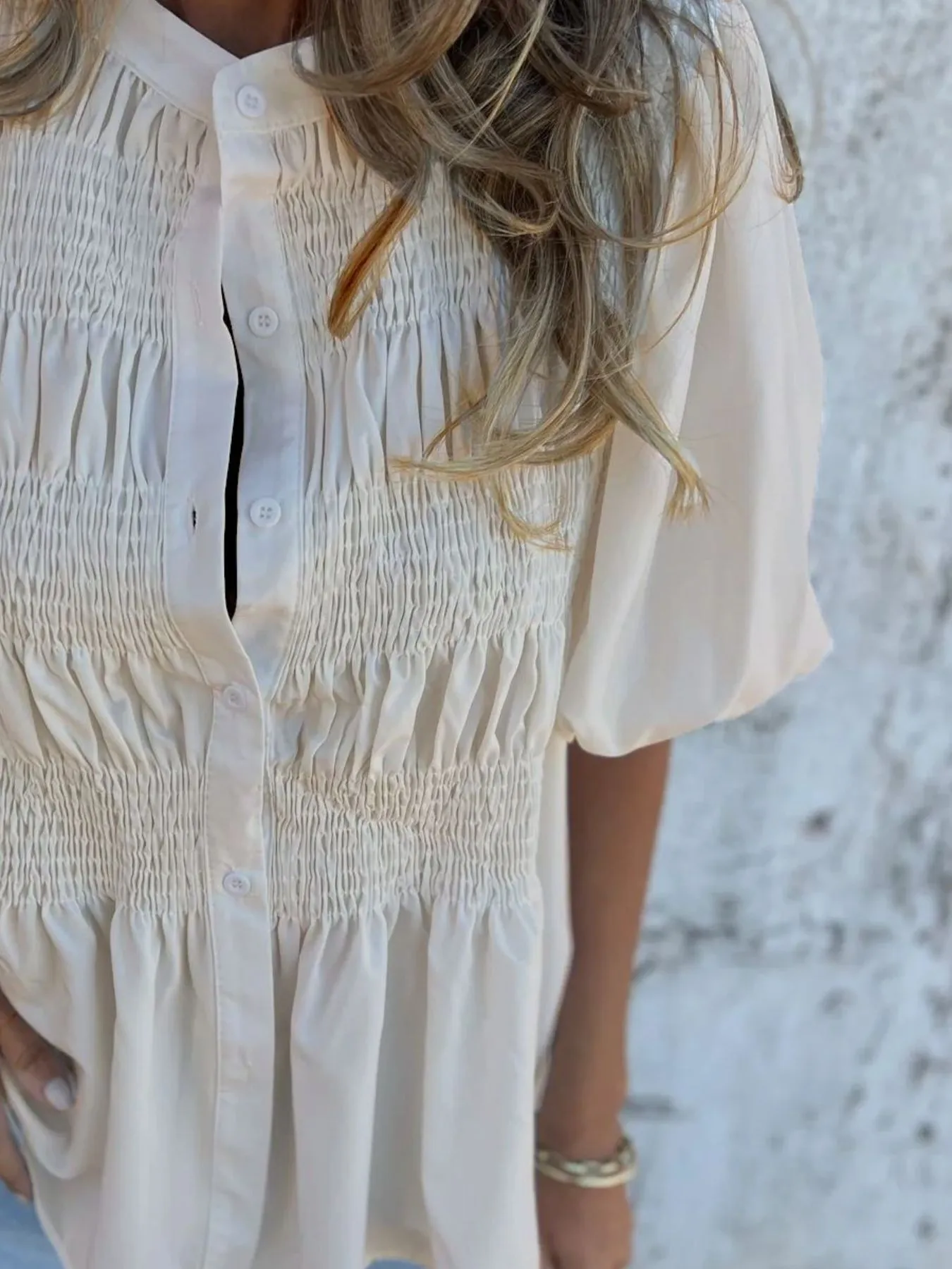 Full Size Smocked Button Front Puff Sleeve Shirt Plus Size - Image 10