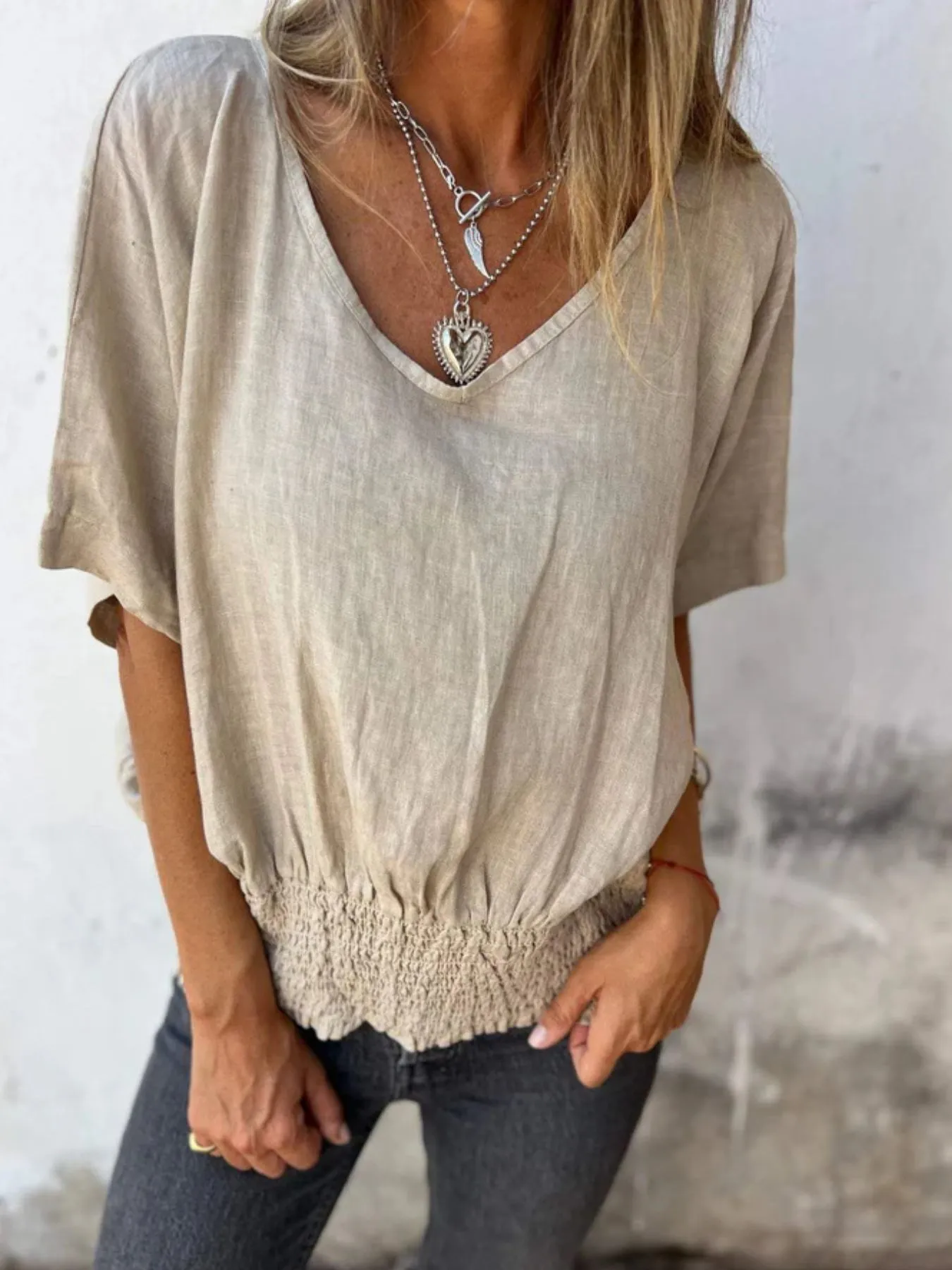 Full Size Smocked Hem V-Neck Relaxed Fit T-Shirt Plus Size - Image 8