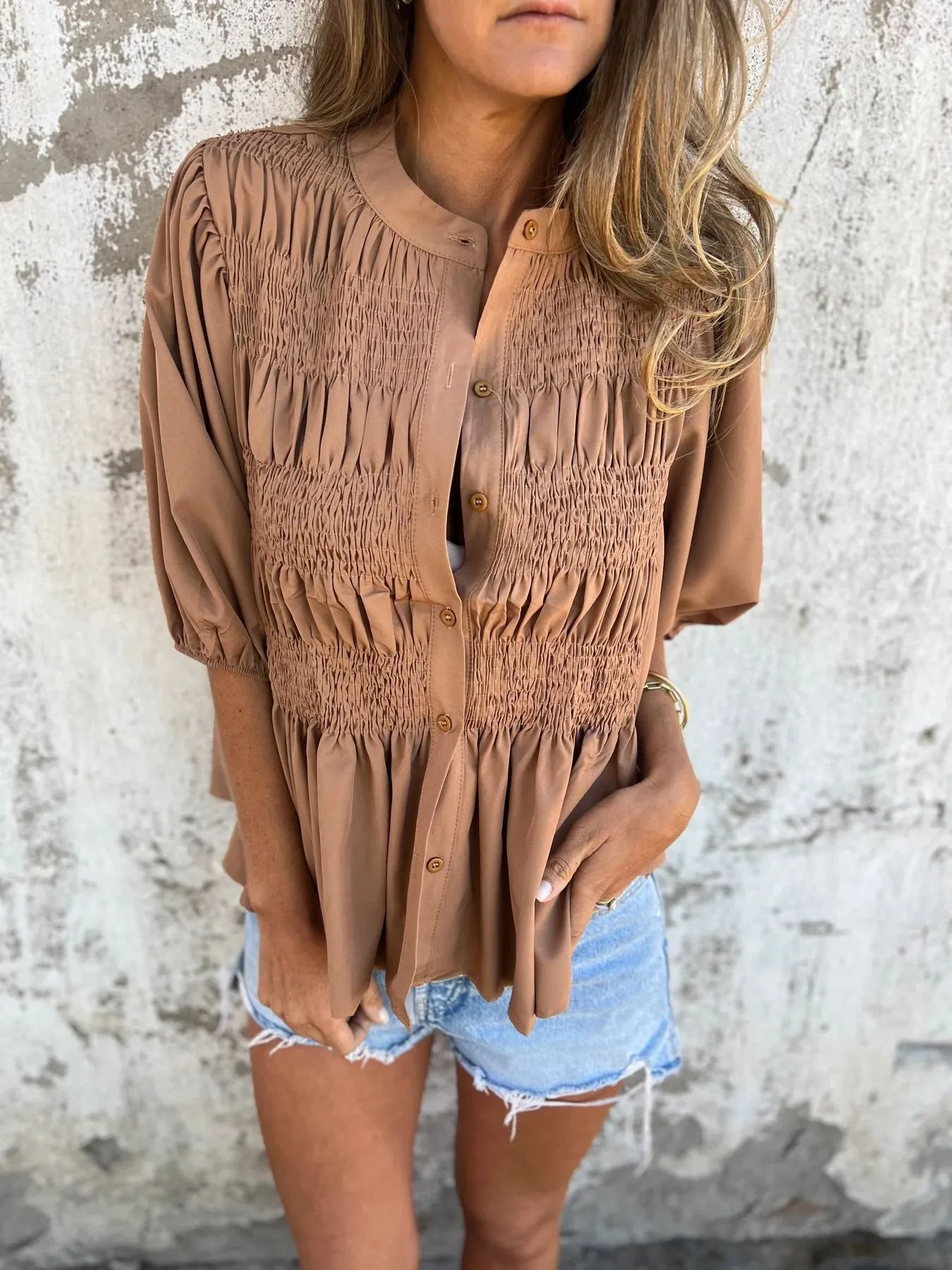 Full Size Smocked Puff Sleeve Blouse Plus Size - Image 15