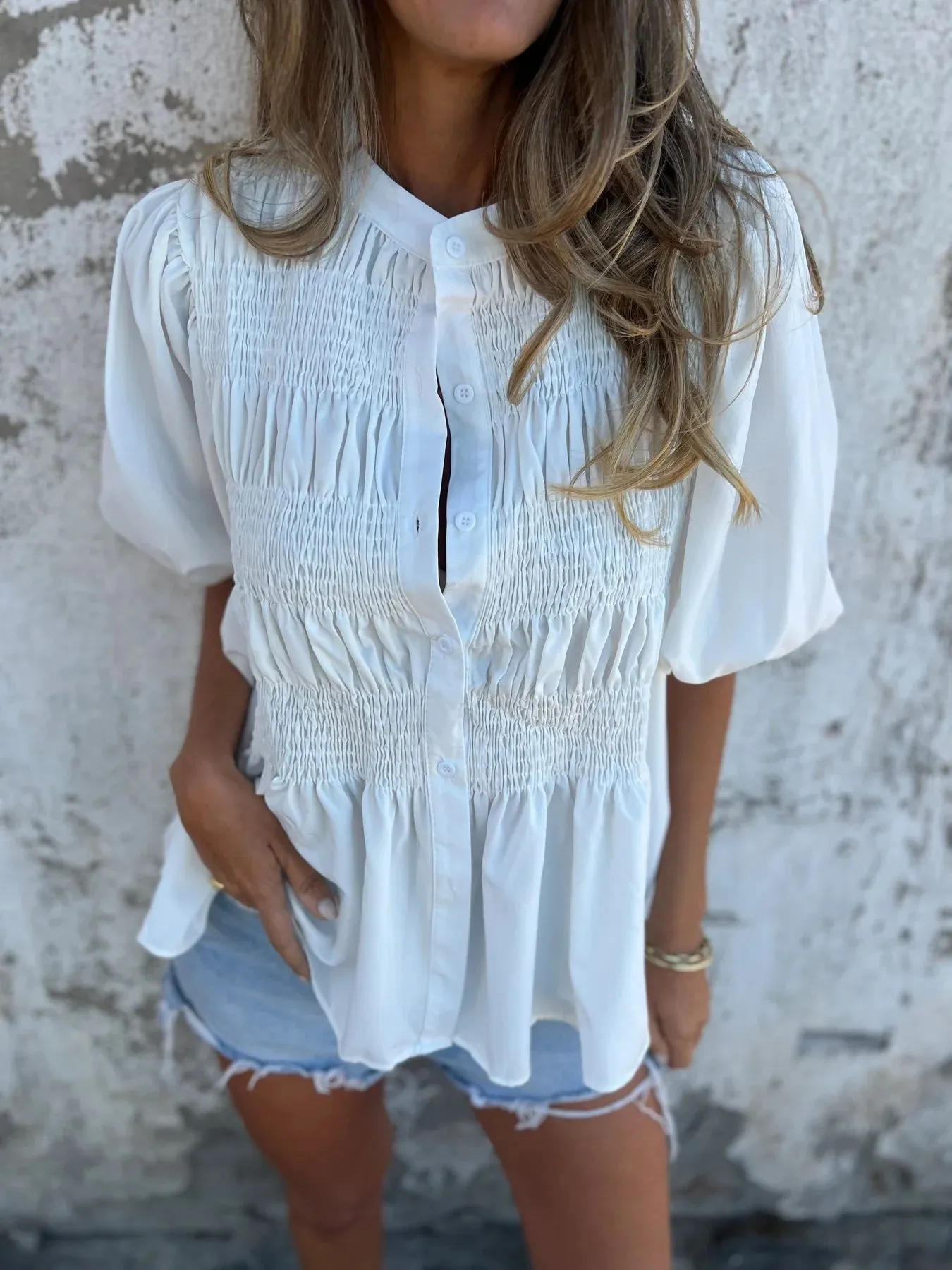 Full Size Smocked Puff Sleeve Blouse Plus Size - Image 3