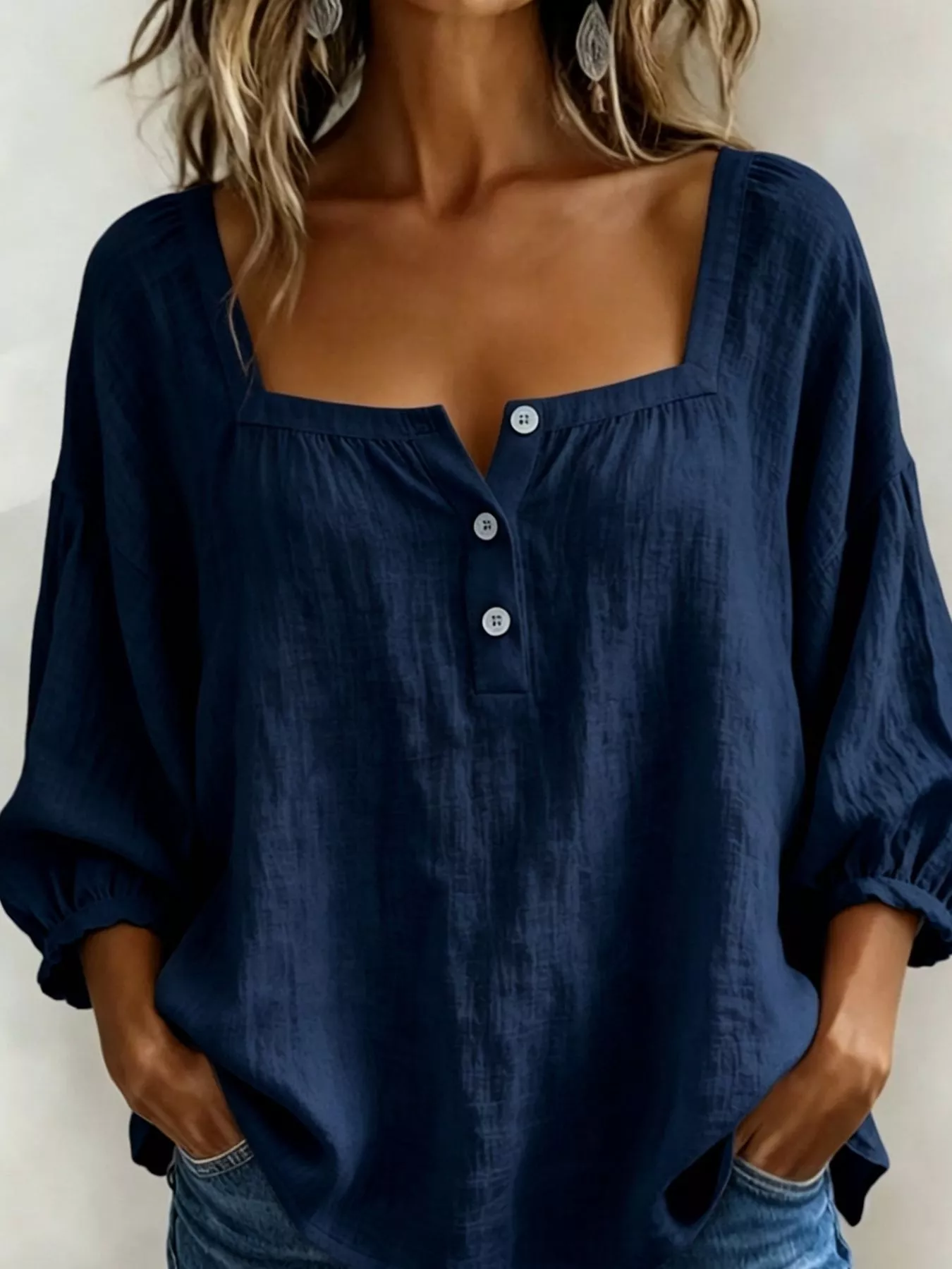 Full Size Square Neck Button Detail Blouse Plus Size - Image 5