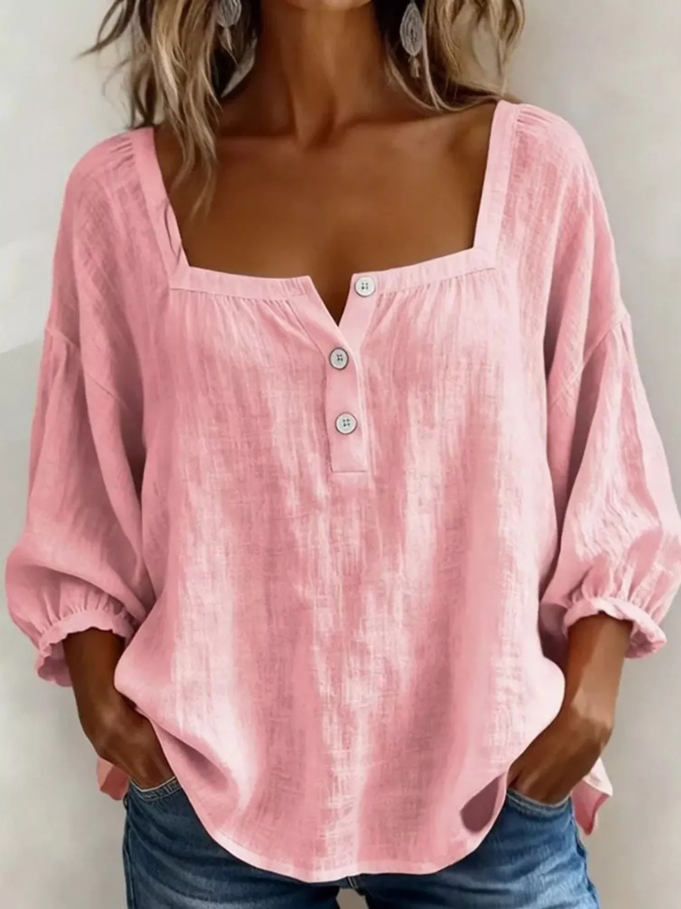 Full Size Square Neck Button Detail Blouse Plus Size - Image 7