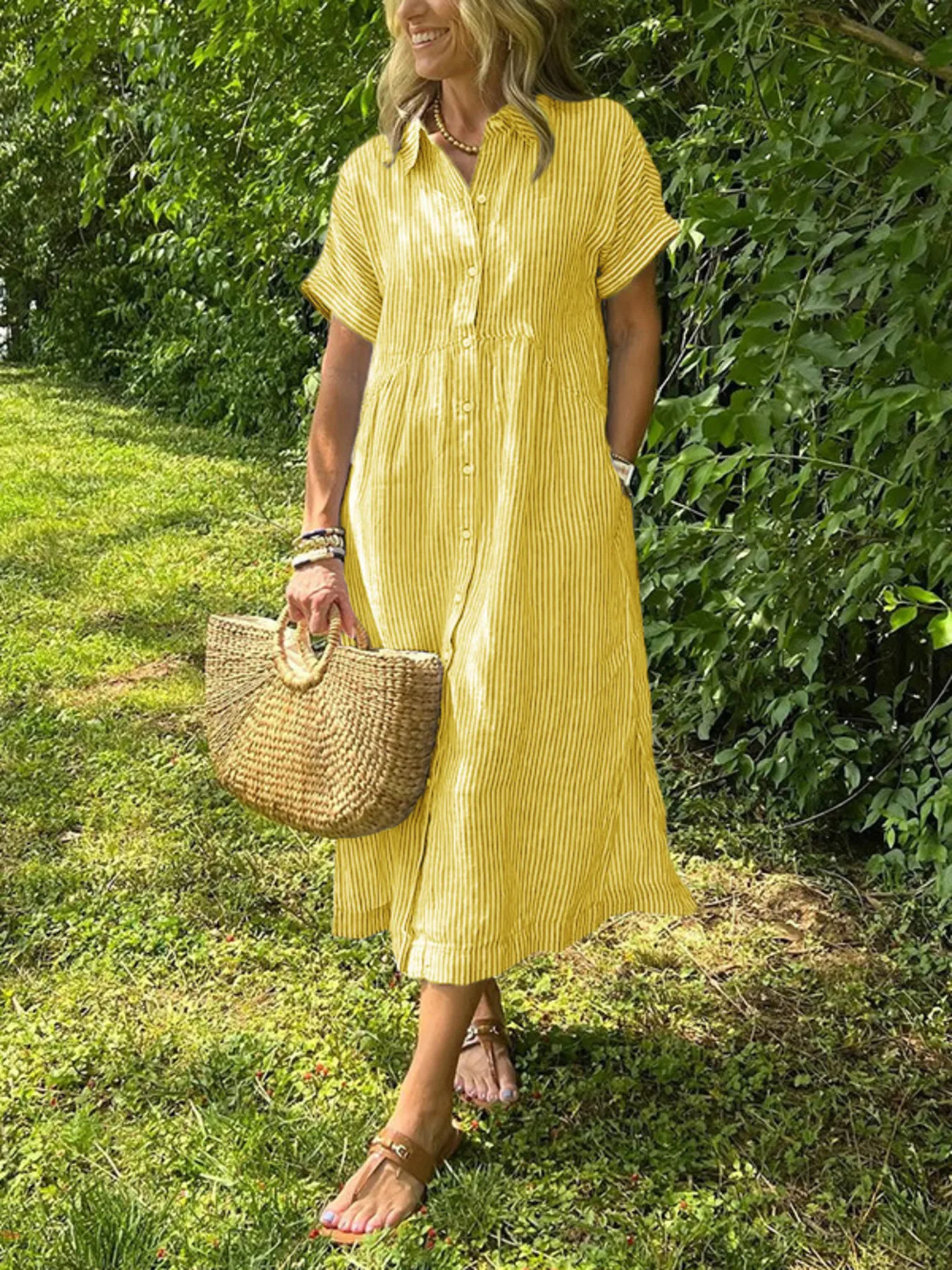 Full Size Striped Button-Front Midi Dress Plus Size - Image 10